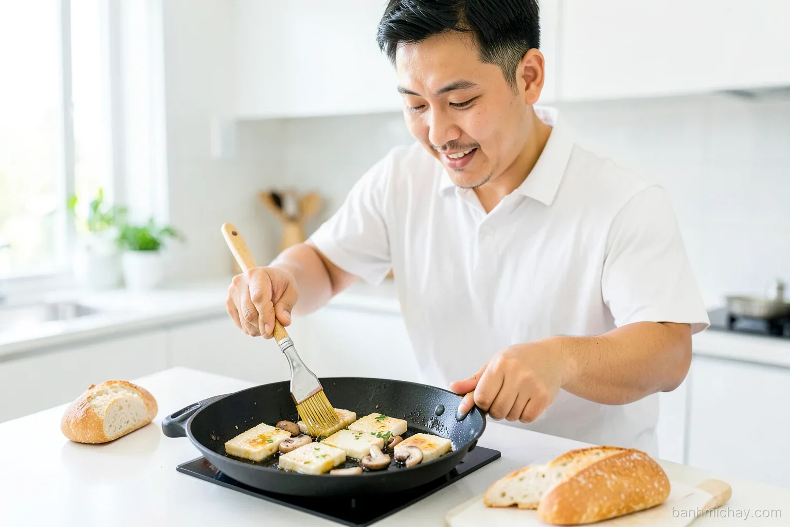 Vietnamese man grilling tofu slices in a nonstick pan with a light brush of oil, mushrooms and baguette on the counter, bright apartment kitchen, three-quarter angle