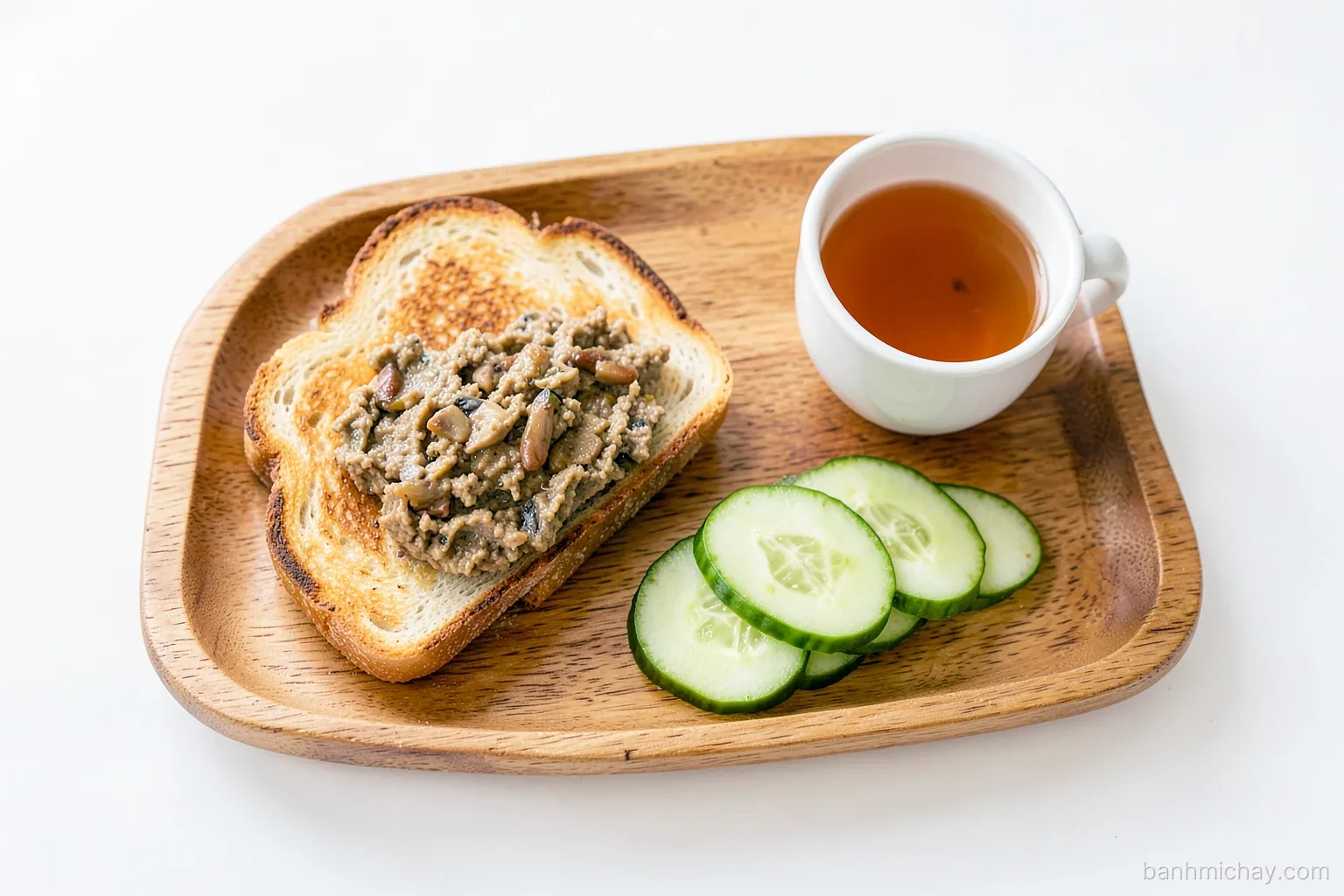 Overhead view of a wooden tray with half a toasted banh mi, mushroom pate, sliced cucumber and warm ginger tea, soft lamp light at night