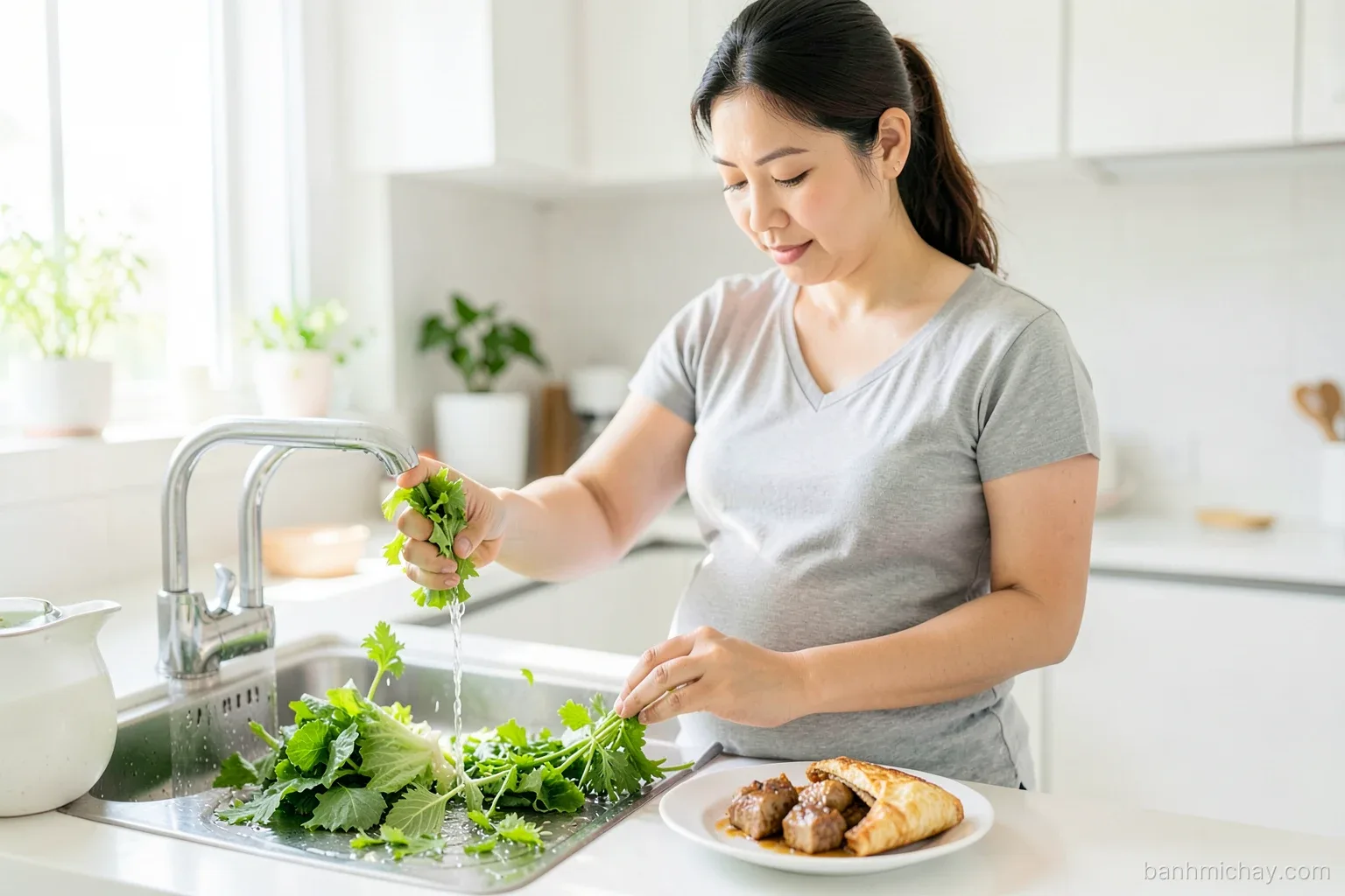 A pregnant Vietnamese woman in a bright home kitchen rinsing lettuce and herbs under running water, a toasted banh mi with cooked tofu waiting on a plate, soft morning light