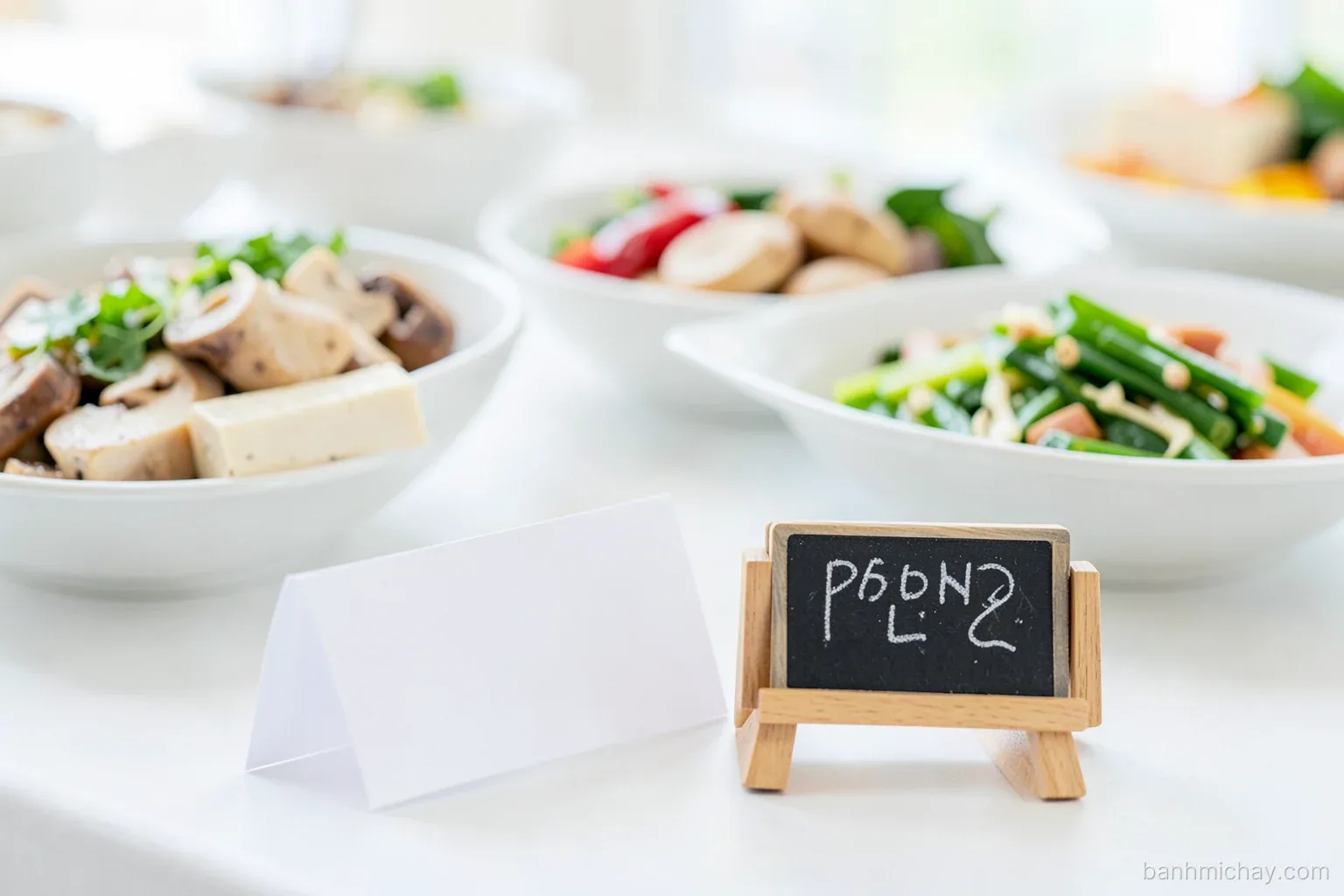 Close-up of small blank folded paper cards and mini chalkboards placed in front of bowls of tofu, mushrooms and pickled vegetables on a buffet table, soft daylight, low angle