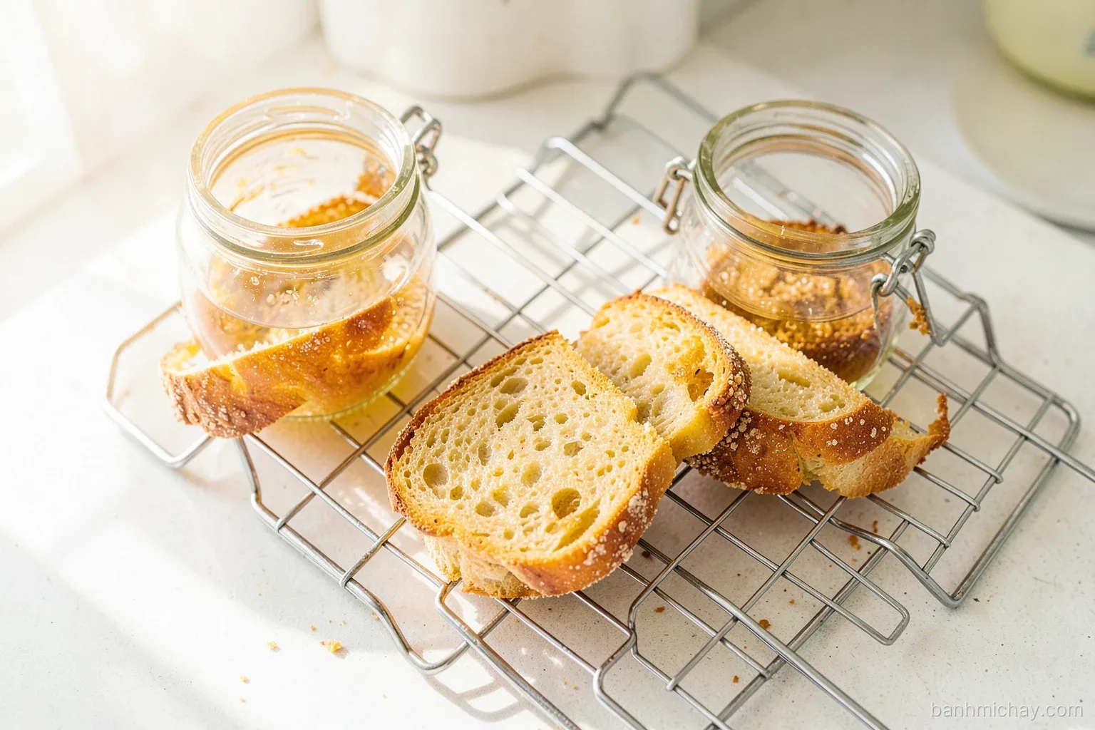 Golden sugar-crusted baguette slices cooling on a wire rack beside an open glass jar, Vietnamese home kitchen counter, warm afternoon light, top-down view