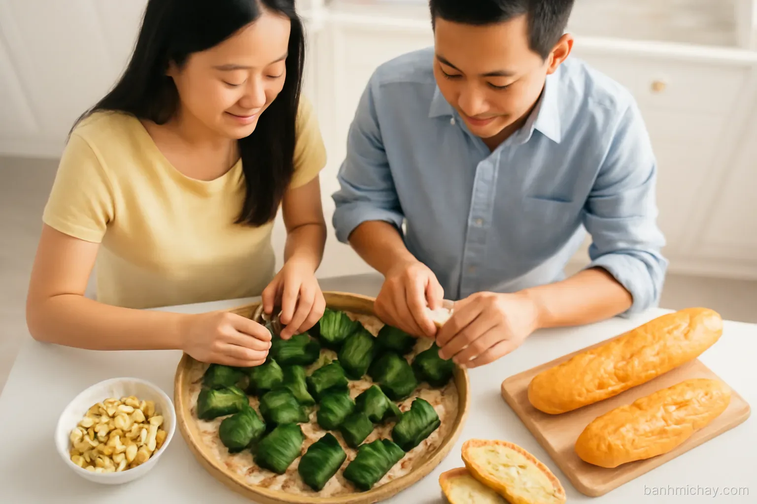Overhead shot of a Vietnamese couple rolling tofu filling in glossy betel leaves on a bamboo tray, Vietnamese baguettes (bánh mì), crusty airy baguettes split lengthwise nearby, bright evening kitchen