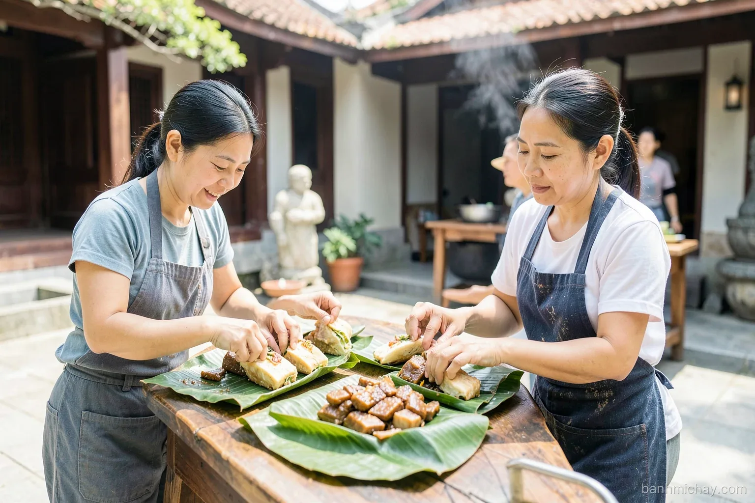 Vietnamese women in a temple courtyard kitchen wrapping banh mi with braised tofu in banana leaves on a long wooden table, morning light, wide shot