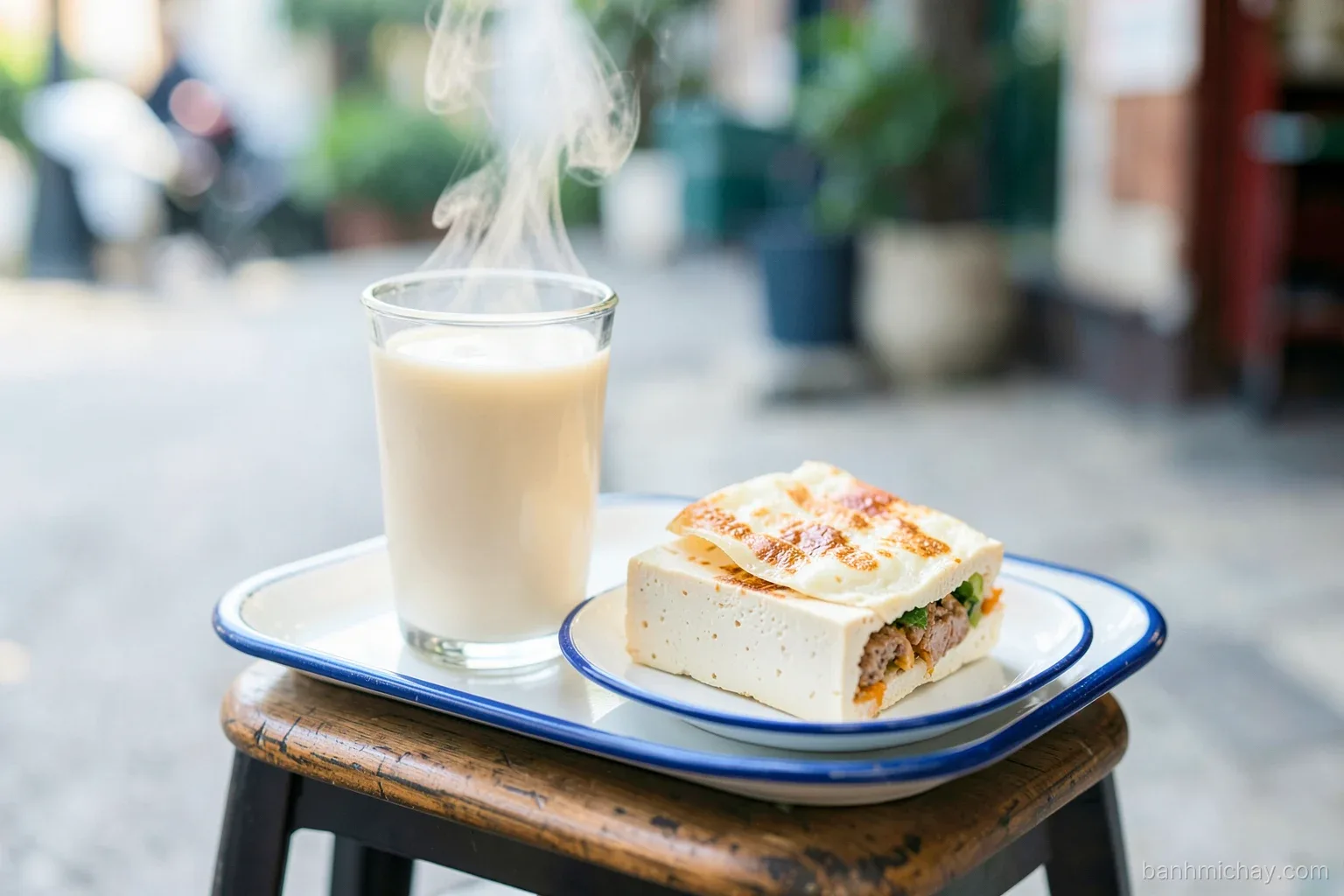 Steaming glass of homemade soy milk beside a crisp tofu banh mi on a small enamel tray, Vietnamese street-side breakfast stool, early morning soft light, low angle