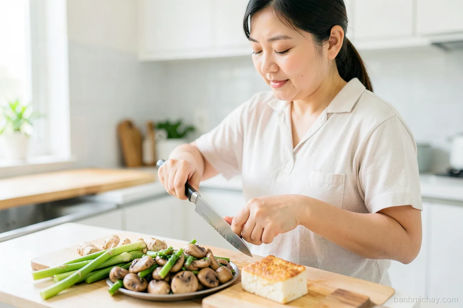 Vietnamese woman in a calm home kitchen slicing ginger and lemongrass beside sauteed mushrooms and fried tofu for banh mi, soft morning light, side close-up