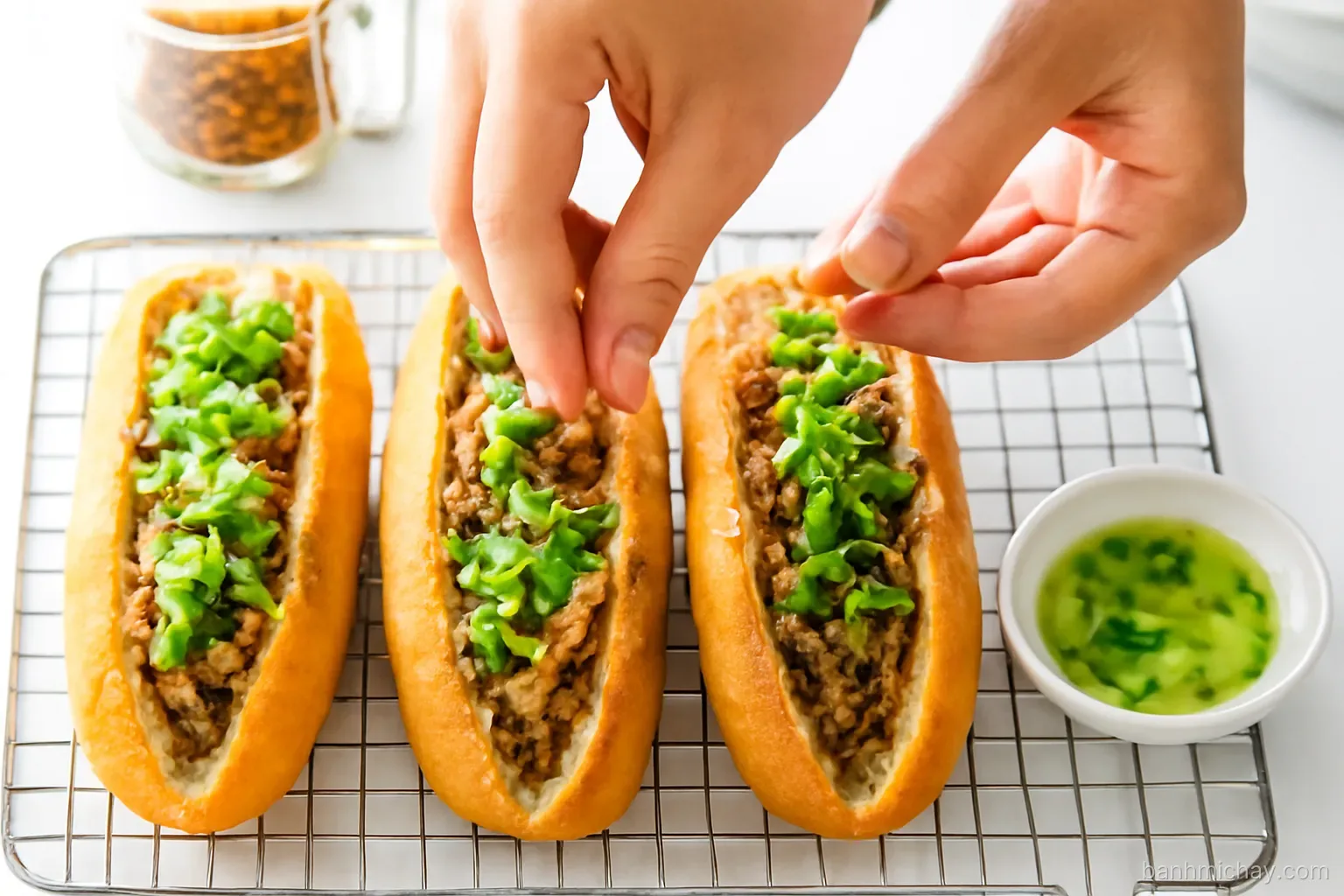 Overhead close-up, hands sprinkling chili salt over split Vietnamese baguettes (bánh mì, crusty airy baguette split lengthwise) with mushroom pâté and scallion oil, wire rack, bright airy home kitchen