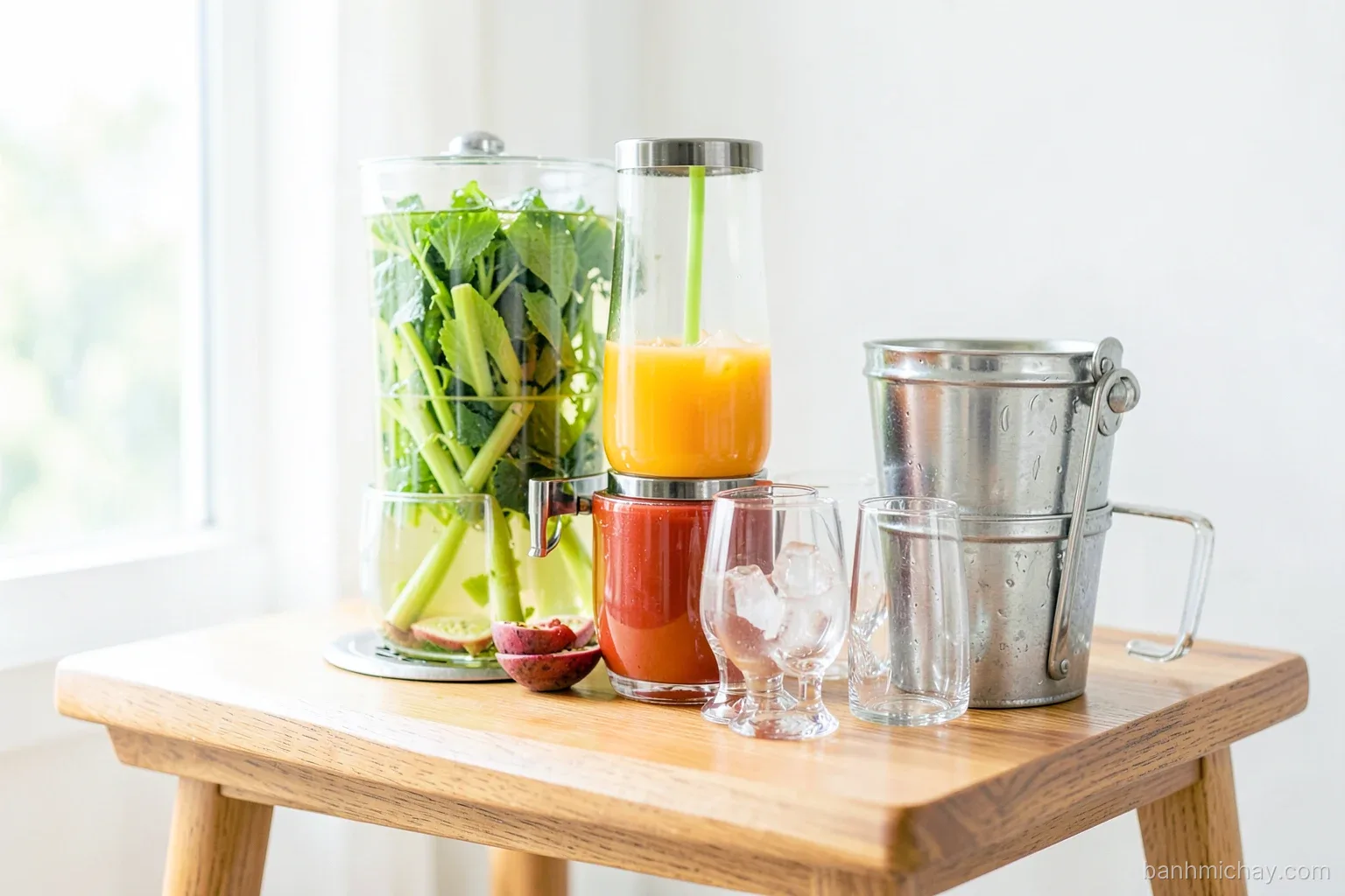 Self-serve drink station on a wooden side table in a Vietnamese home, glass dispensers of lemongrass tea and passion fruit juice, ice bucket, stacked glasses, bright daylight