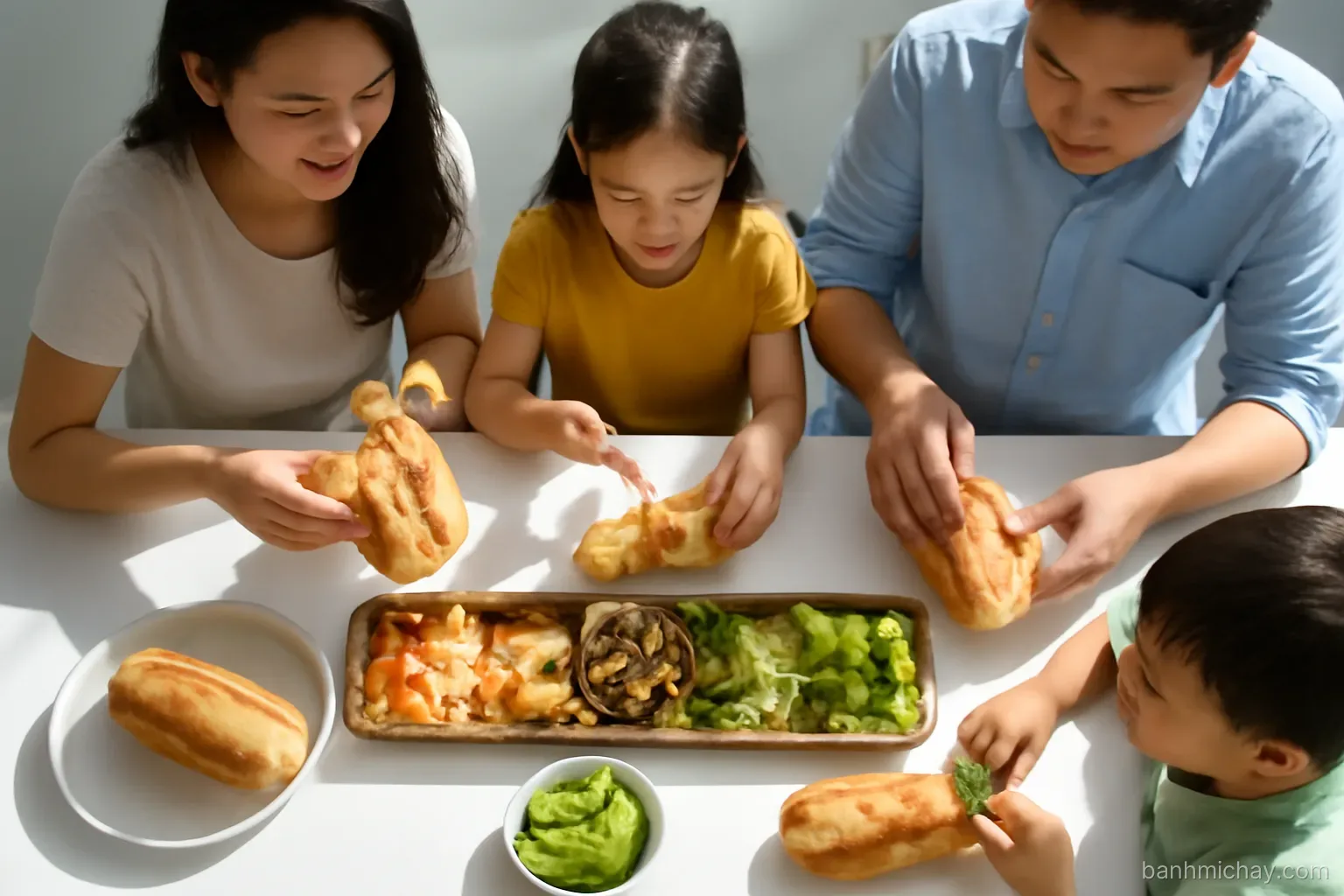 Overhead view of a Vietnamese family assembling Vietnamese baguettes (bánh mì), crusty airy baguettes split lengthwise, beside a long wooden tray of tofu, mushrooms, pickles and herbs, bright morning light