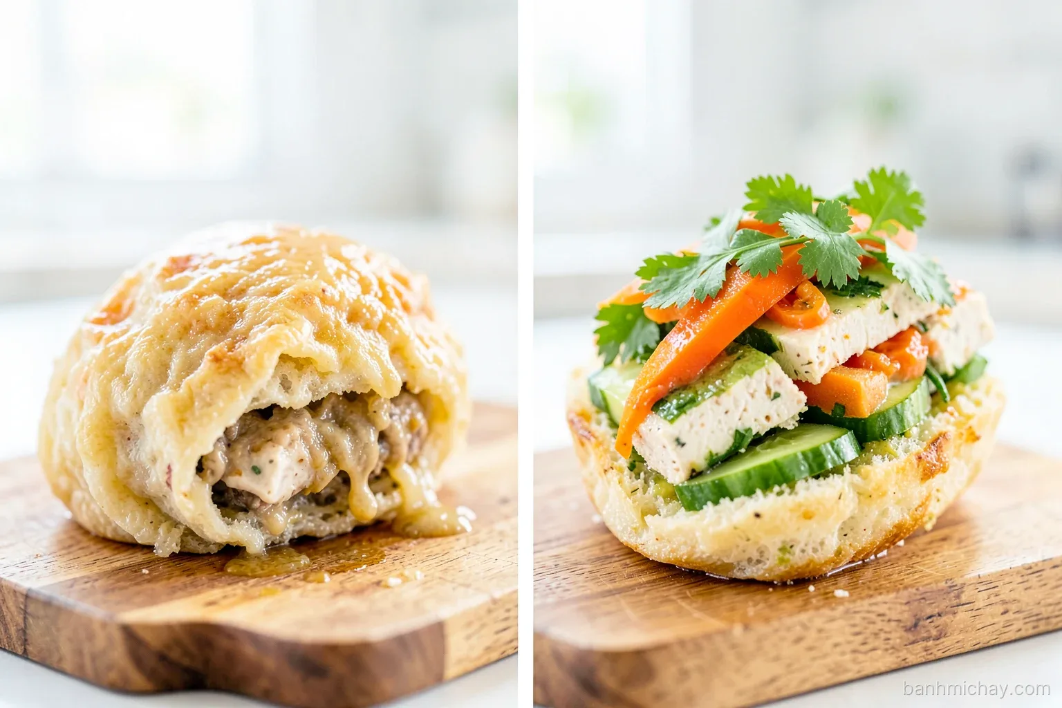 Side-by-side close-up of two homemade vegan banh mi on a wooden board, one soggy, one crisp with tofu, pickled carrot, cucumber and cilantro, bright kitchen daylight