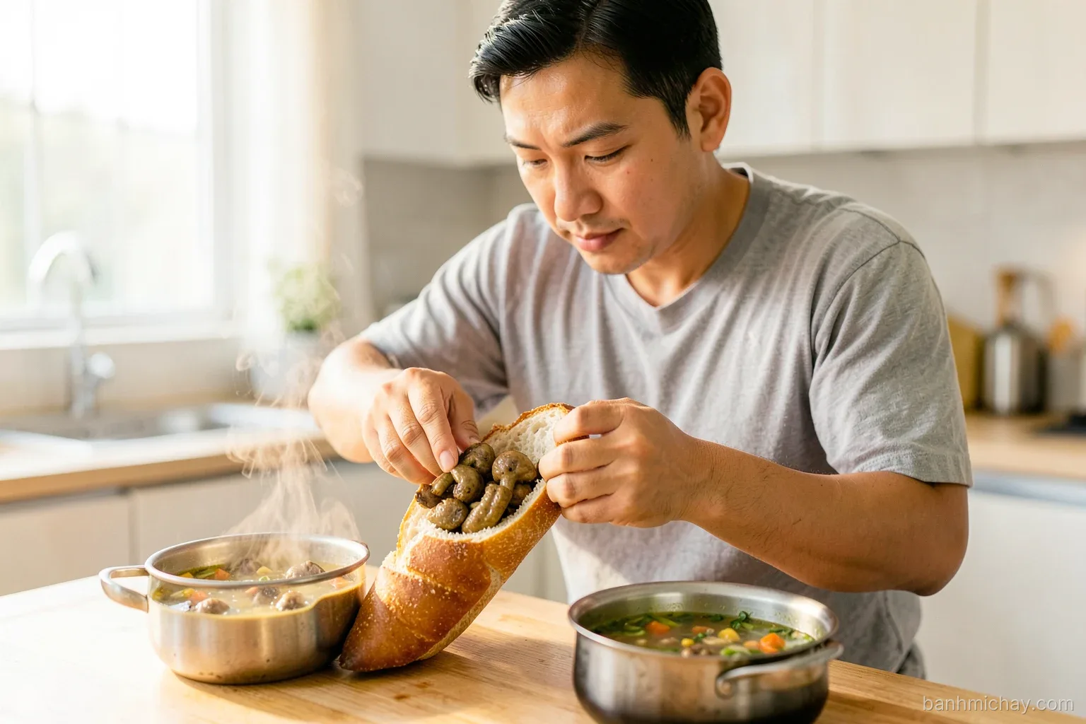 Vietnamese man in a home kitchen at evening tucking braised mushrooms into a split baguette, small pot of vegetable soup steaming beside him, warm side light