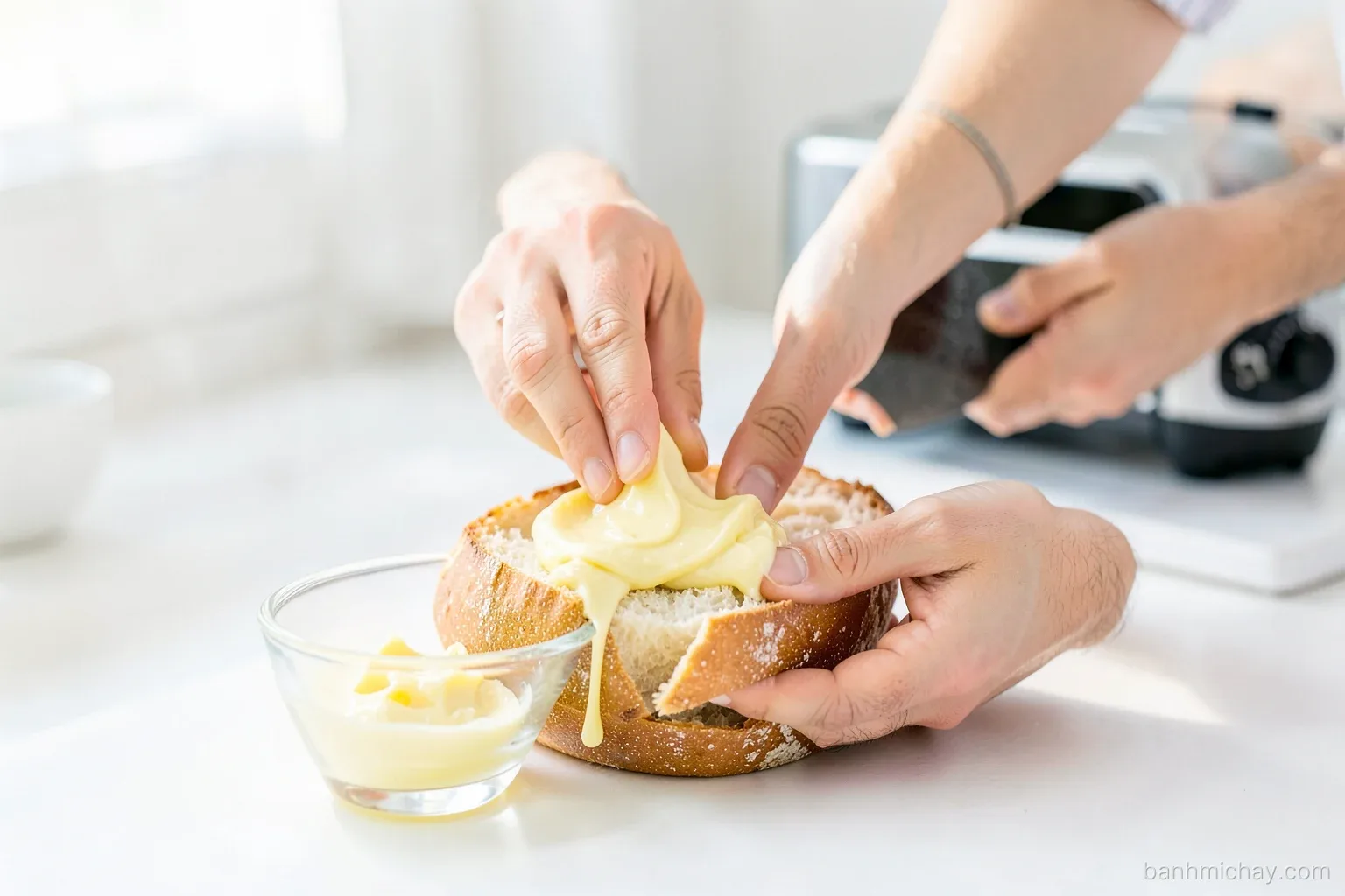 Hands of a Vietnamese man spreading pale yellow homemade vegan butter on a split baguette, small glass dish of butter and a toaster oven nearby, bright morning light