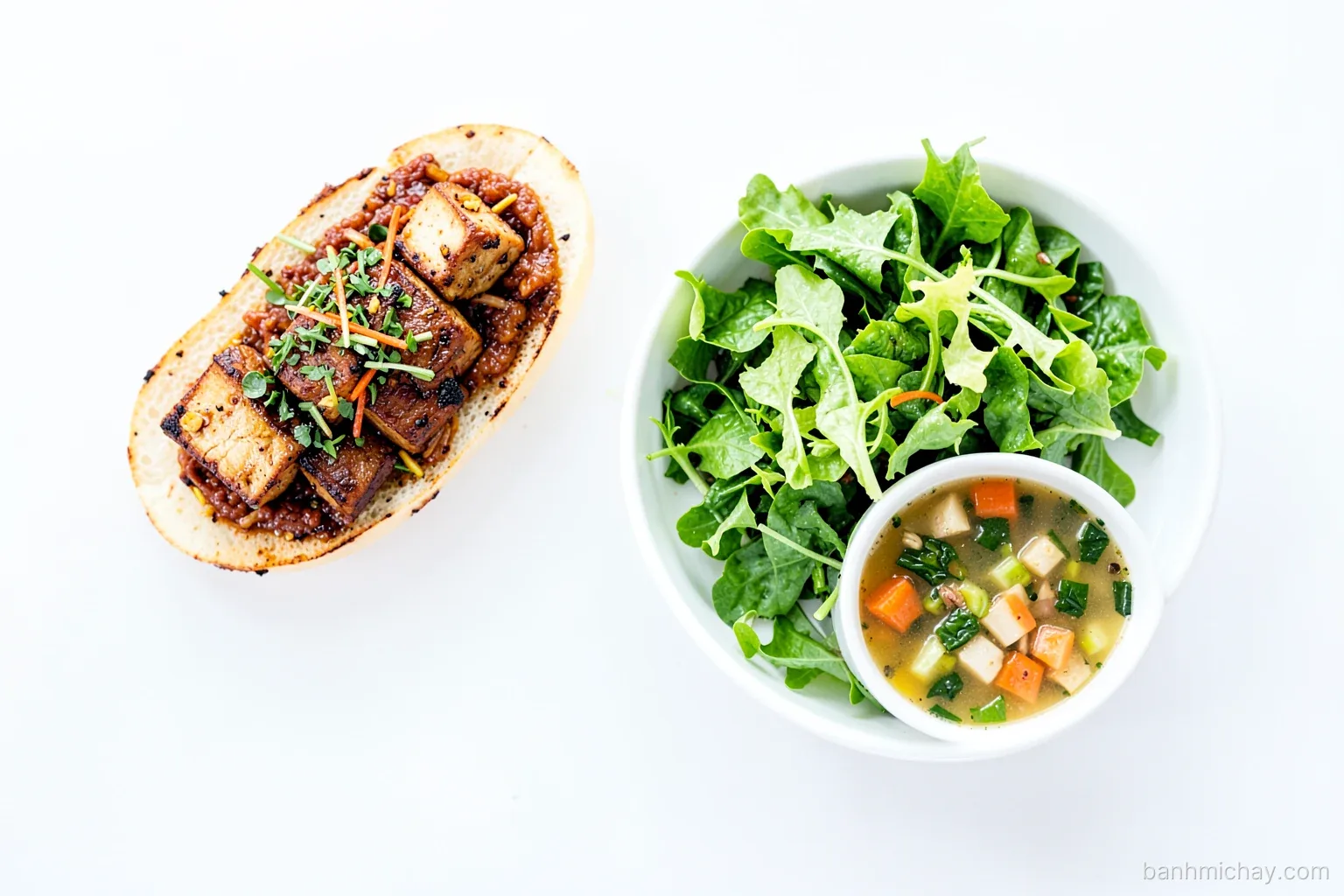 Top-down view of half a banh mi with grilled tofu and herbs, a large green salad and a small bowl of vegetable soup, bright natural light