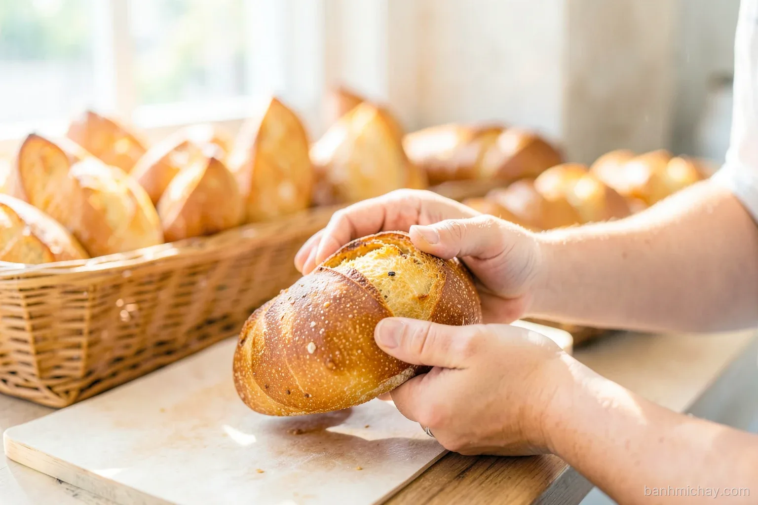 Close-up of Vietnamese hands squeezing a golden crusty baguette at a neighborhood bakery counter, baskets of fresh loaves behind, warm morning light, shallow depth of field