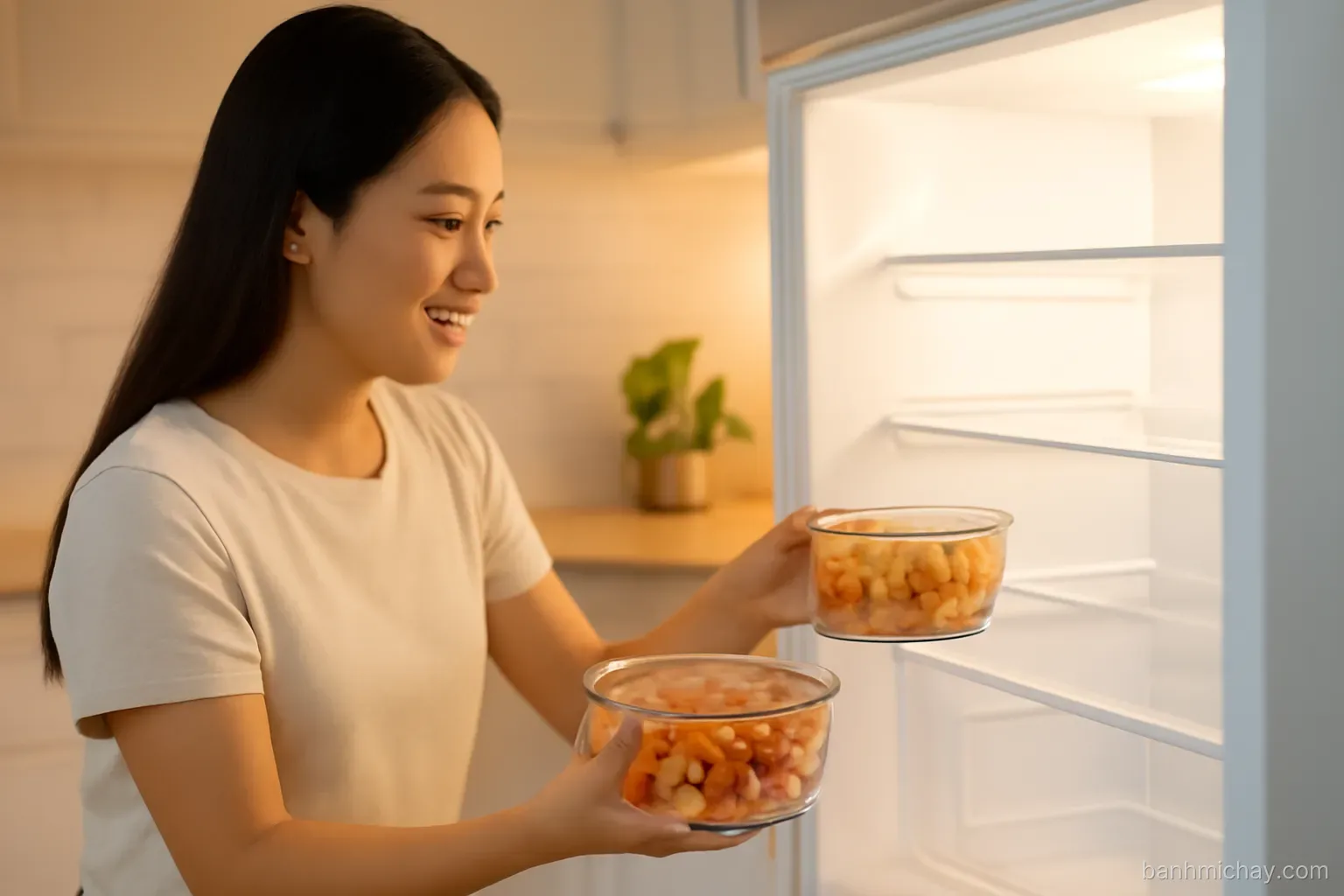 A young Vietnamese woman packing glass containers of fried tofu, pickled carrot and daikon into a fridge at night, warm kitchen light, side angle, bright modern editorial style