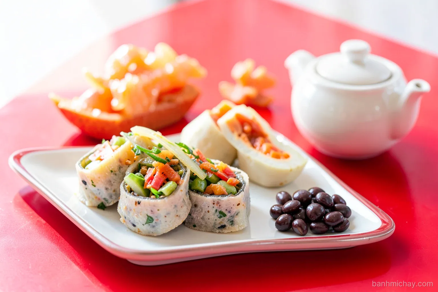 Lacquered tray of mini vegetarian banh mi with sliced vegetarian gio lua and pickled papaya, beside candied ginger, lotus seeds and a teapot, red Tet table, bright daylight