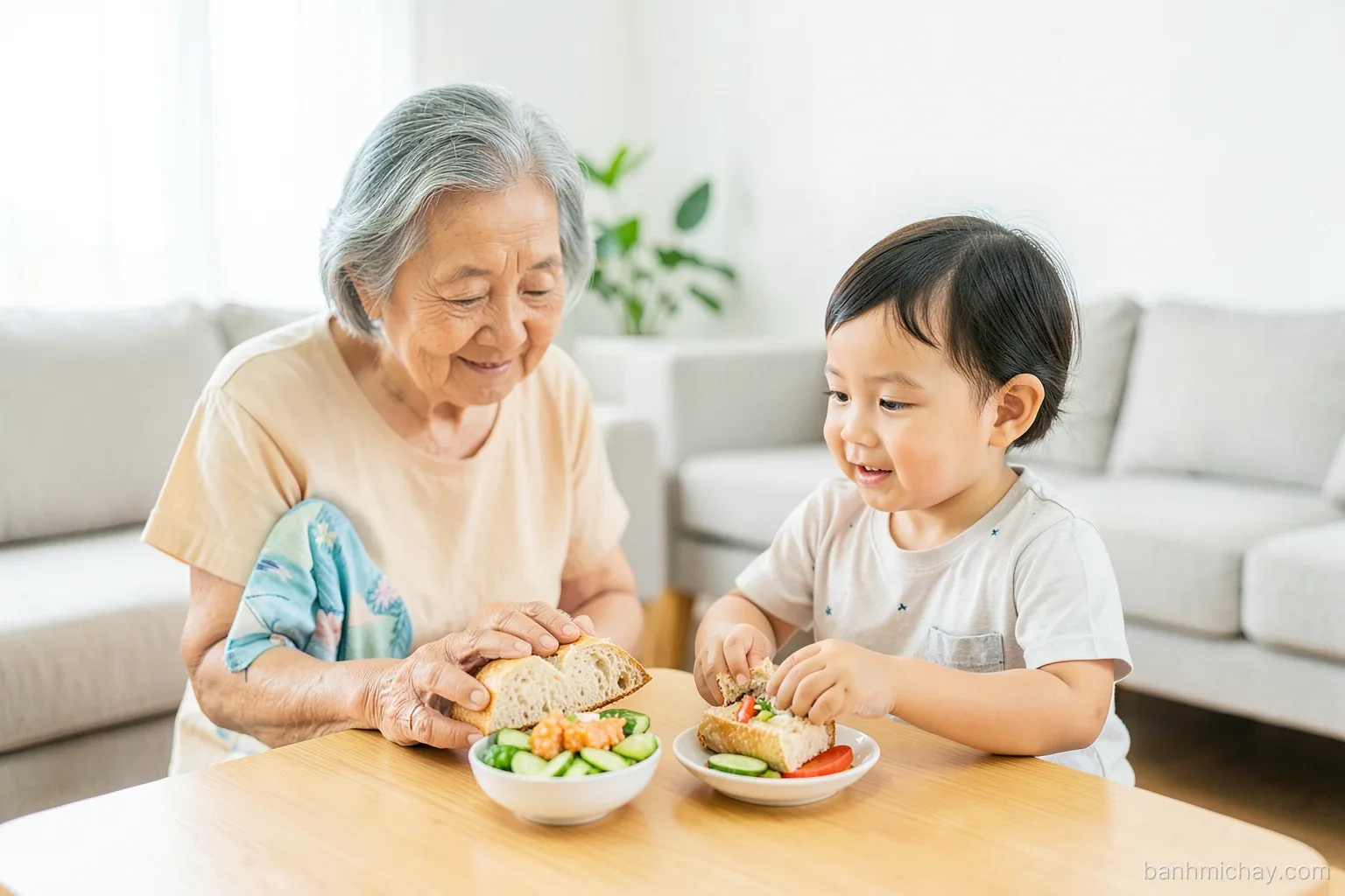 Vietnamese grandmother and small child at a low family table sharing soft banh mi pieces with tofu and cucumber, bright living room, wide shot