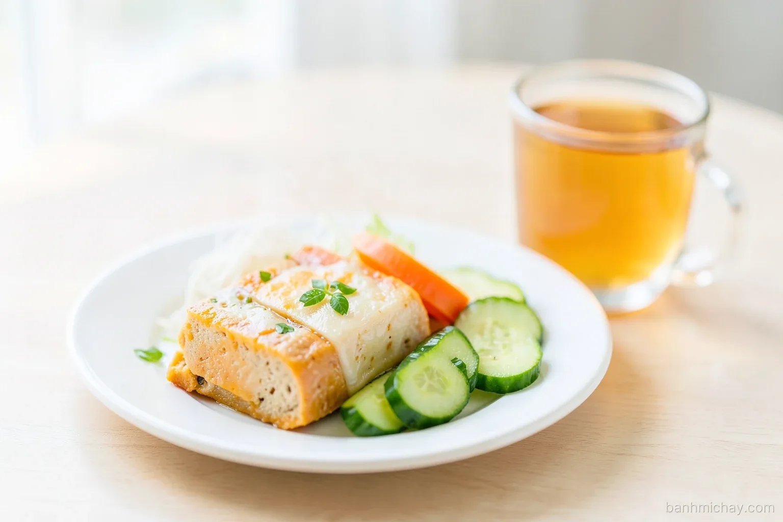 Gentle vegan banh mi with steamed tofu, boiled carrot and cucumber on a plate next to a cup of warm water, Vietnamese breakfast table, soft morning light, close-up