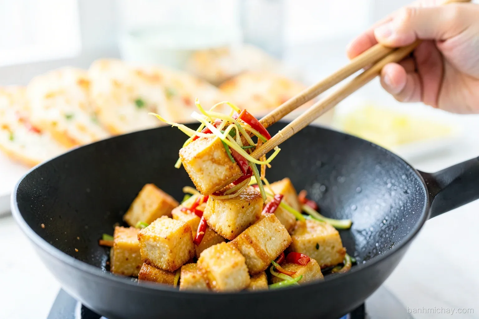 Close-up of golden crispy tofu cubes tossed with fried lemongrass and red chili in a black wok, a Vietnamese hand holding chopsticks, banh mi slices blurred behind, bright kitchen light