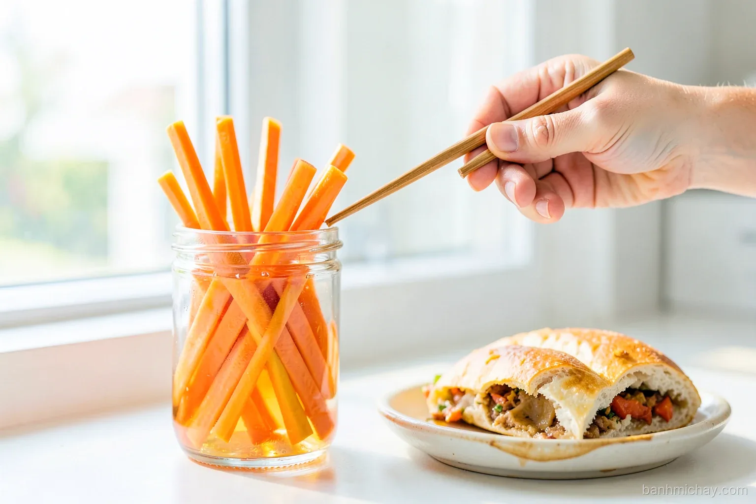 Side view of a glass jar of carrot and daikon matchsticks in clear brine, a Vietnamese hand lifting some with chopsticks onto a banh mi, sunny kitchen window
