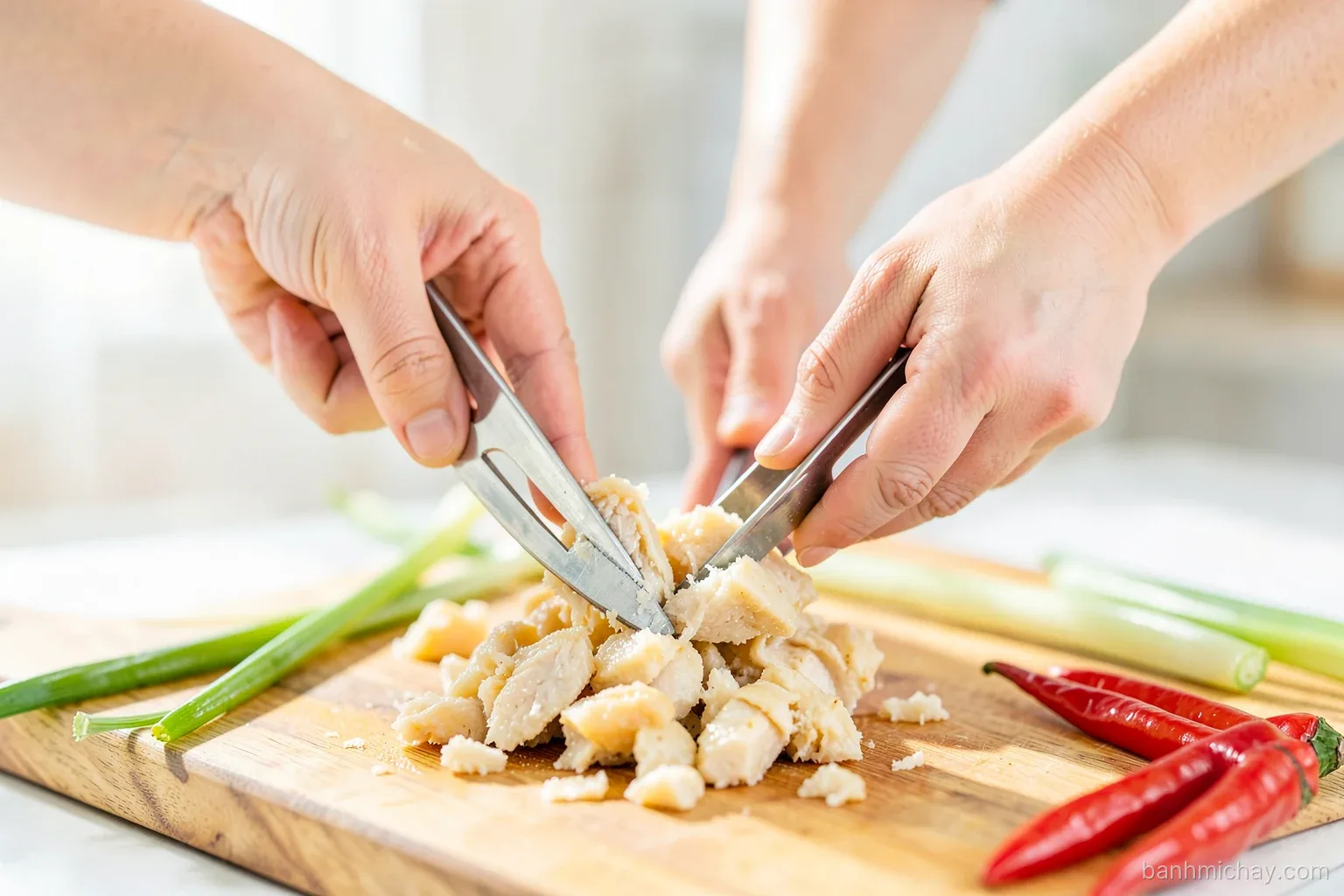 Close-up of Vietnamese hands pulling apart boiled young jackfruit into chicken-like shreds with two forks on a wooden board, lemongrass and red chili beside, warm kitchen light