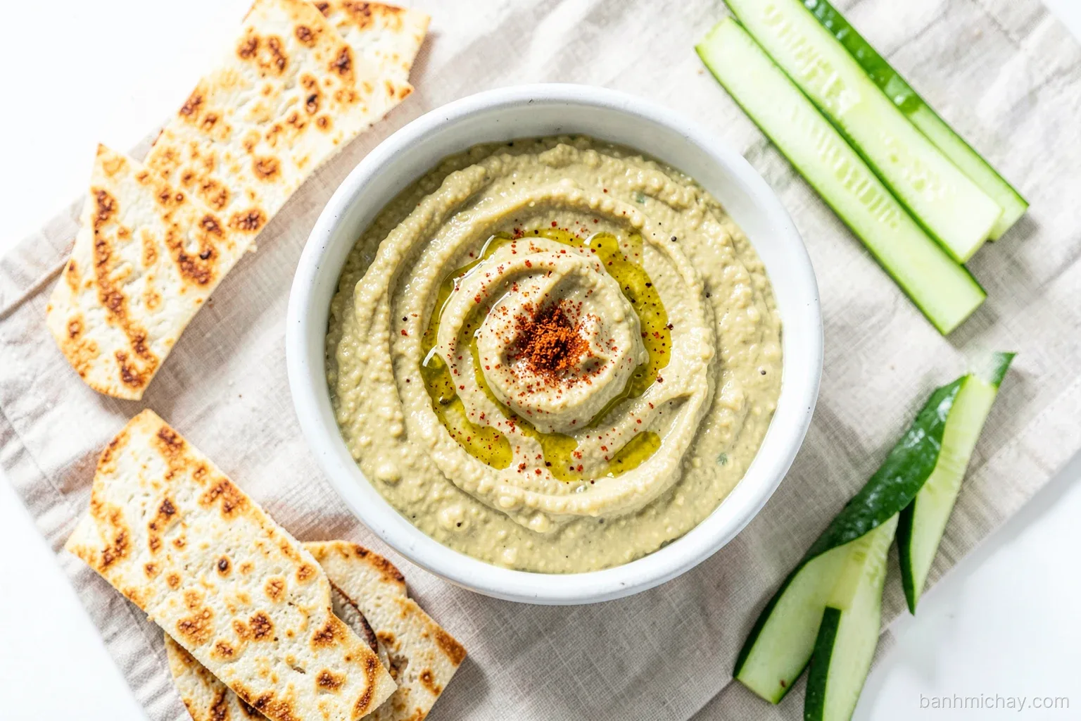 Overhead shot of a ceramic bowl of smooth chickpea hummus drizzled with olive oil and paprika, surrounded by toasted banh mi slices and cucumber sticks on a linen cloth