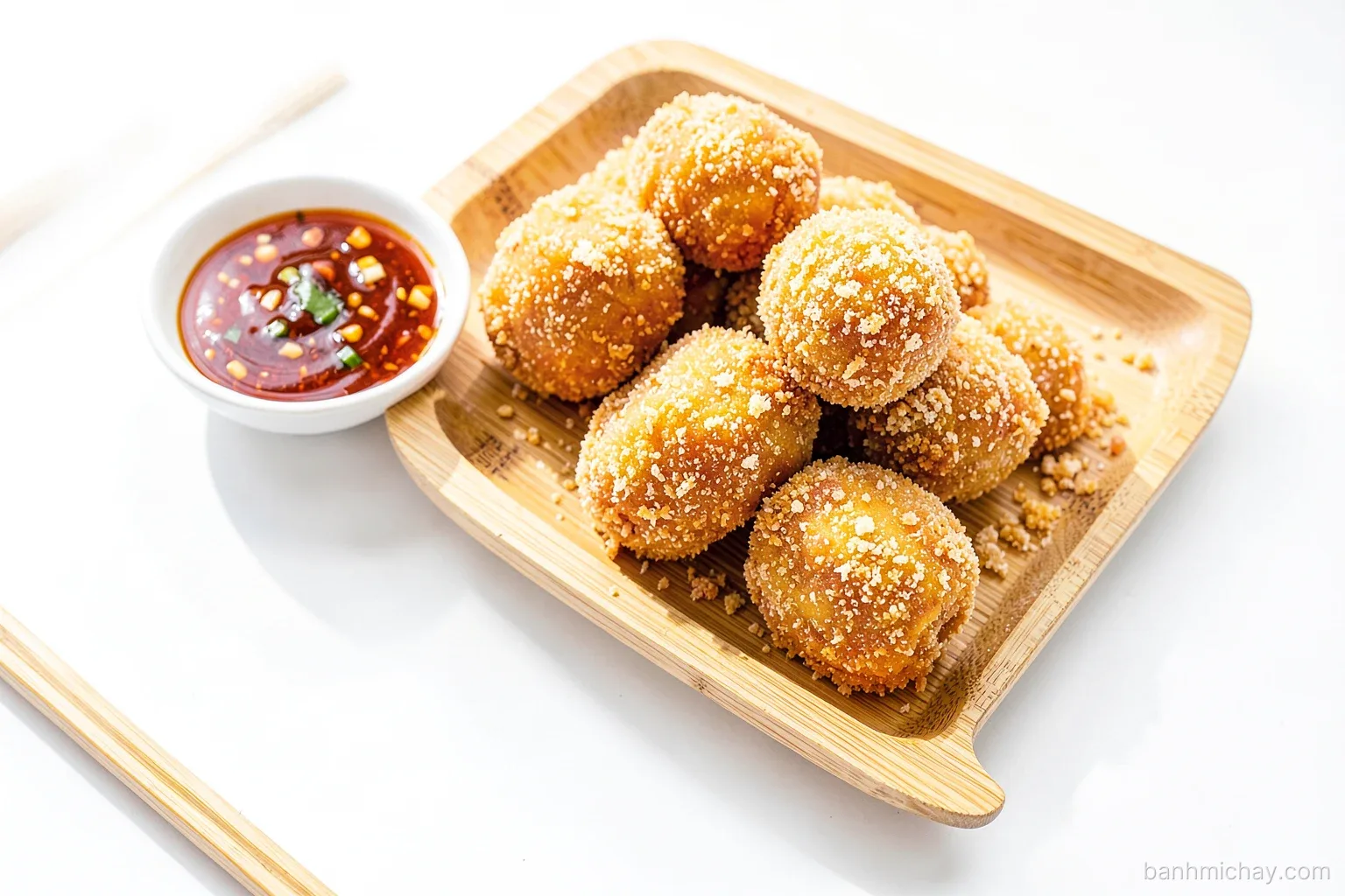 Overhead view of golden crispy sweet potato balls coated in breadcrumbs on a bamboo tray beside a small bowl of chili sauce, Vietnamese street-food style, bright afternoon light