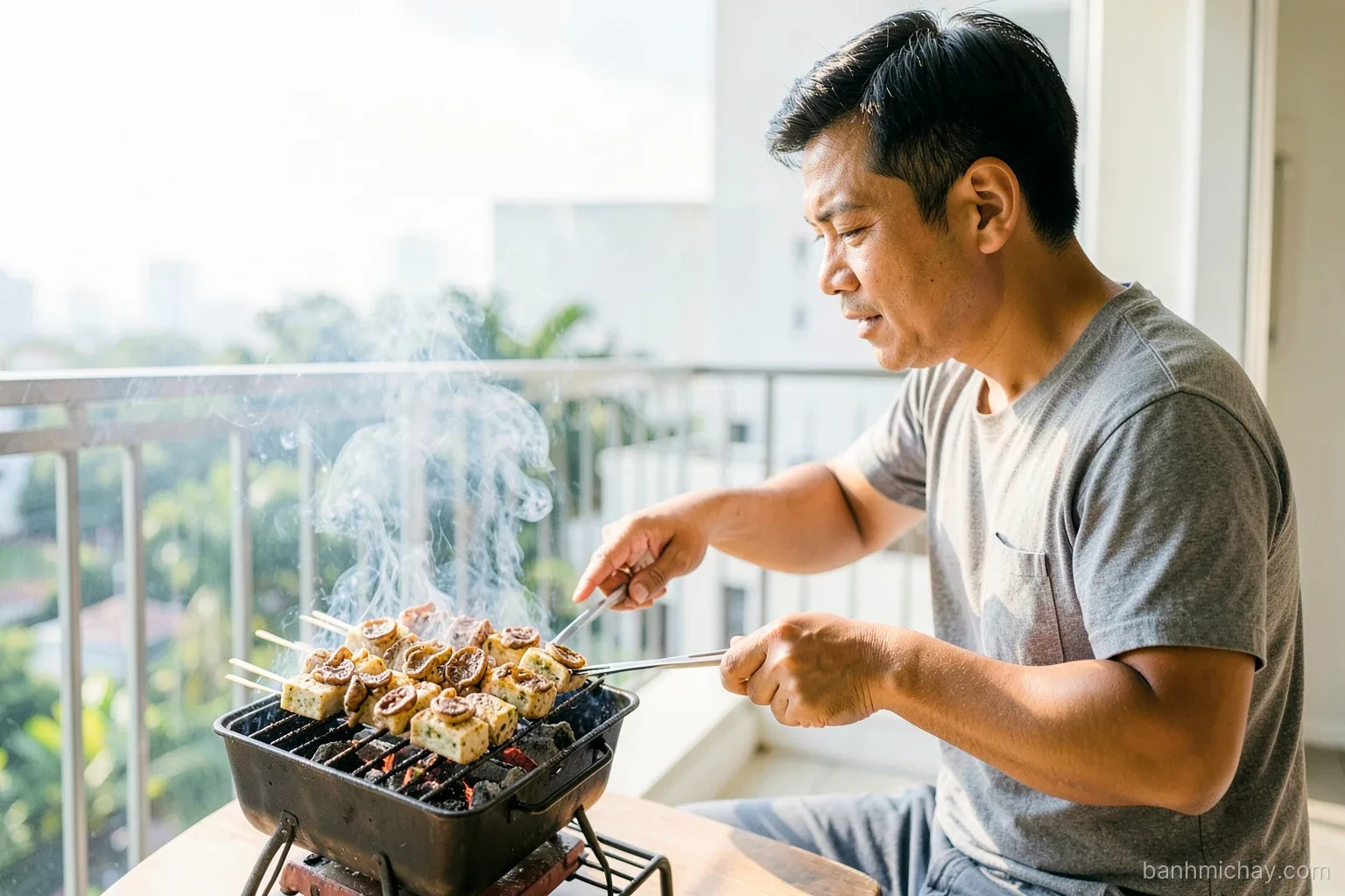 Vietnamese man grilling skewers of vegan nem nuong made from tofu and wood ear mushrooms over a small charcoal grill on a home balcony, smoke, late afternoon light, side view