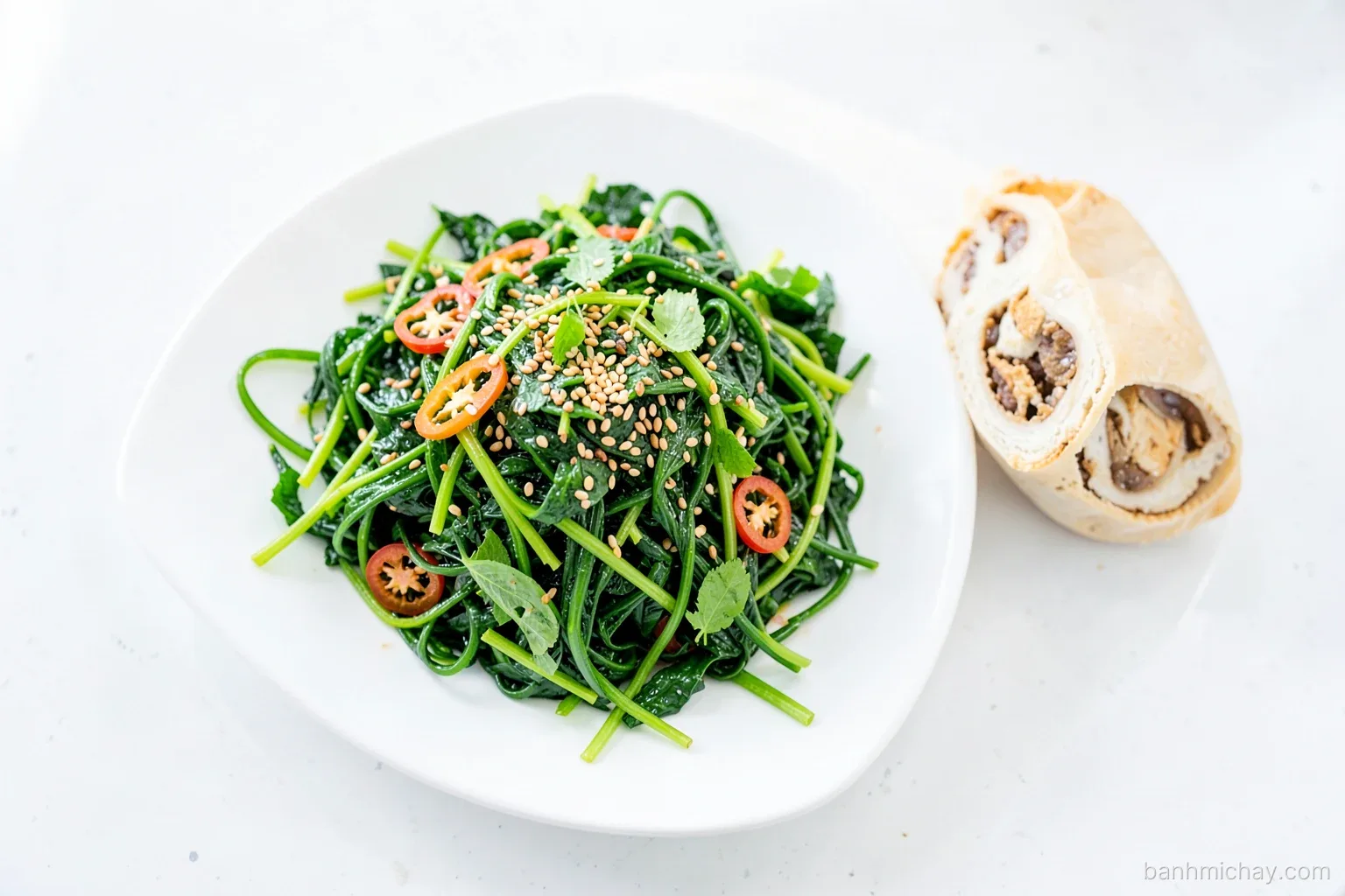 Overhead shot of a white plate of crisp split water spinach salad with toasted sesame, sliced chili and herbs beside a halved banh mi, bright Vietnamese kitchen counter