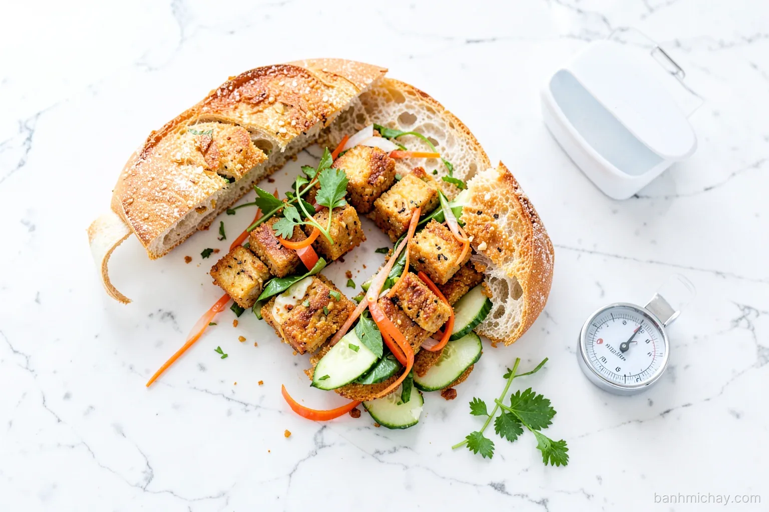 Flat lay of a deconstructed vegetarian banh mi on a white marble counter: split baguette, fried tofu, pickled carrot and daikon, cucumber, herbs, small kitchen scale, soft daylight