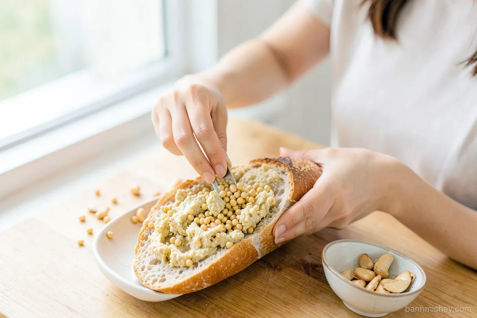 Close-up of a Vietnamese woman spreading pale golden mung bean and cashew pate onto a split baguette, bowl of fried shallots beside, morning window light, overhead angle on wooden counter