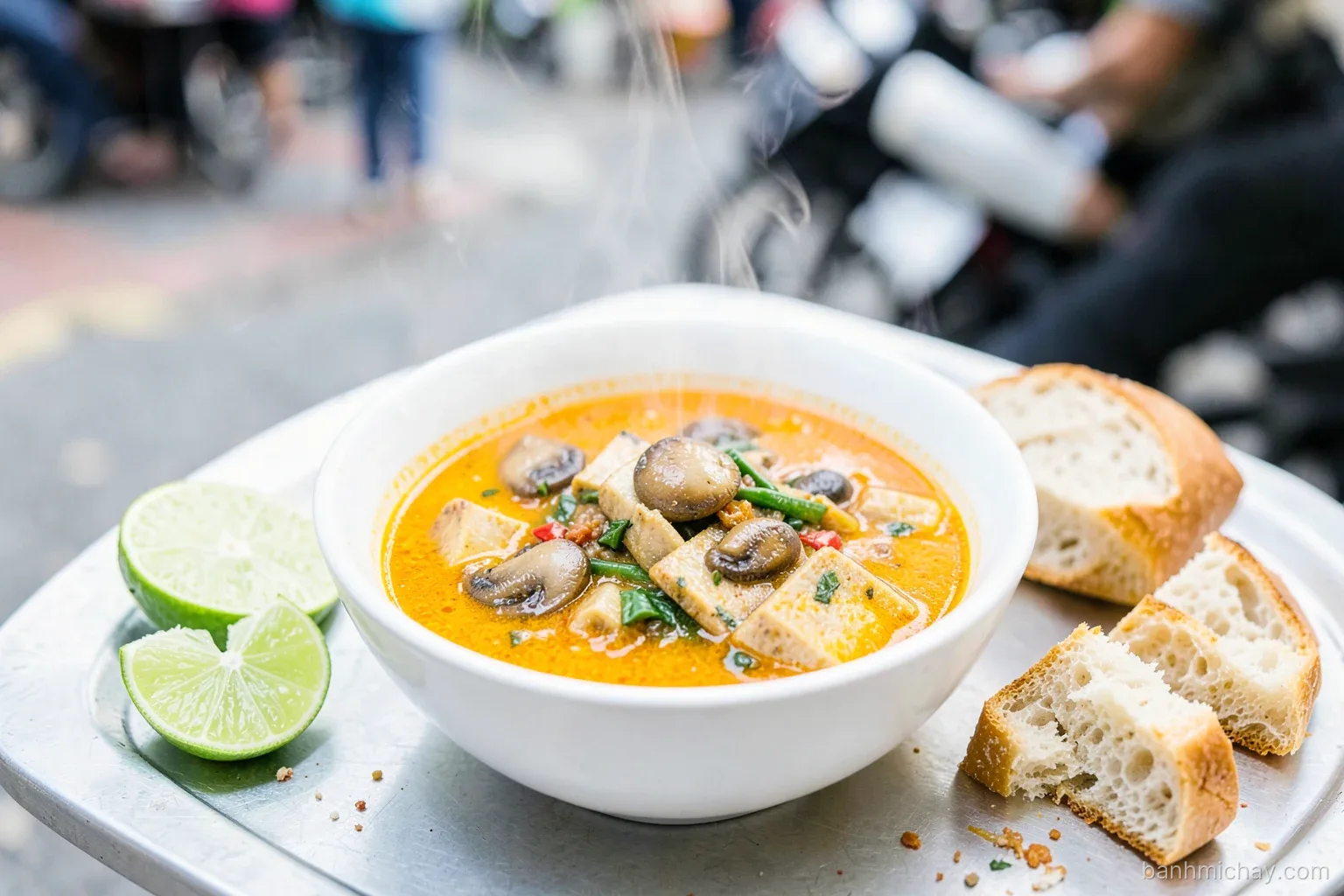 Steaming bowl of vegetarian pha lau stew with mushrooms and tofu skin in orange coconut broth, torn baguette pieces, lime and chili salt on a Saigon sidewalk stall table, eye-level