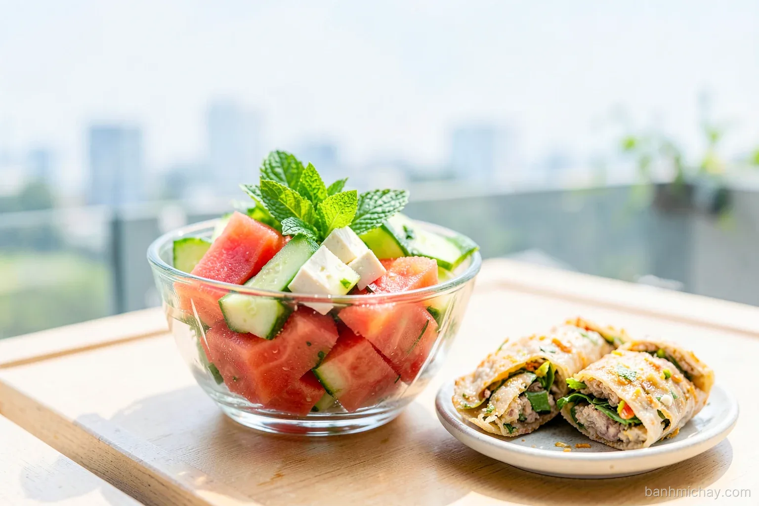 Glass bowl of watermelon cubes, cucumber, mint leaves and diced tofu on a balcony table with vegan banh mi halves, Vietnamese summer noon, bright natural light, 45 degree angle