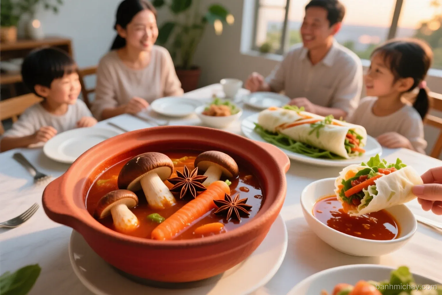 Overhead shot of a clay pot of glossy red-brown mushroom and carrot stew with star anise, torn banh mi dipped in the sauce, Vietnamese family table, warm evening light