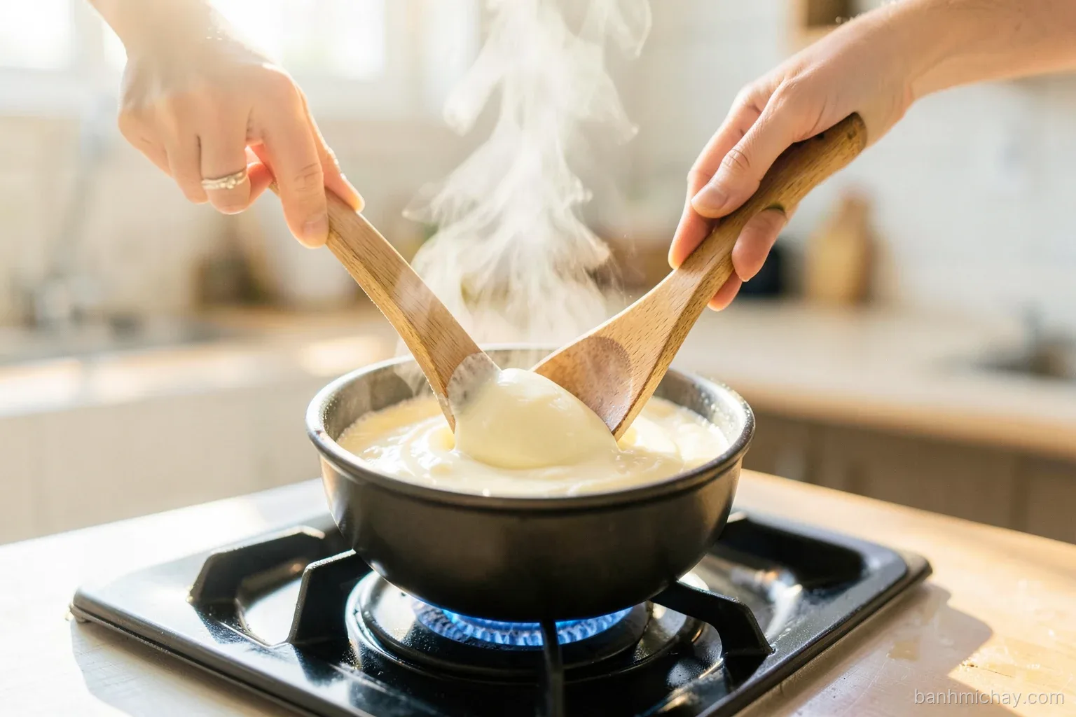 Close-up of a small pan of thick ivory coconut condensed milk being stirred with a wooden spoon on a gas stove, Vietnamese kitchen, warm afternoon light, steam rising