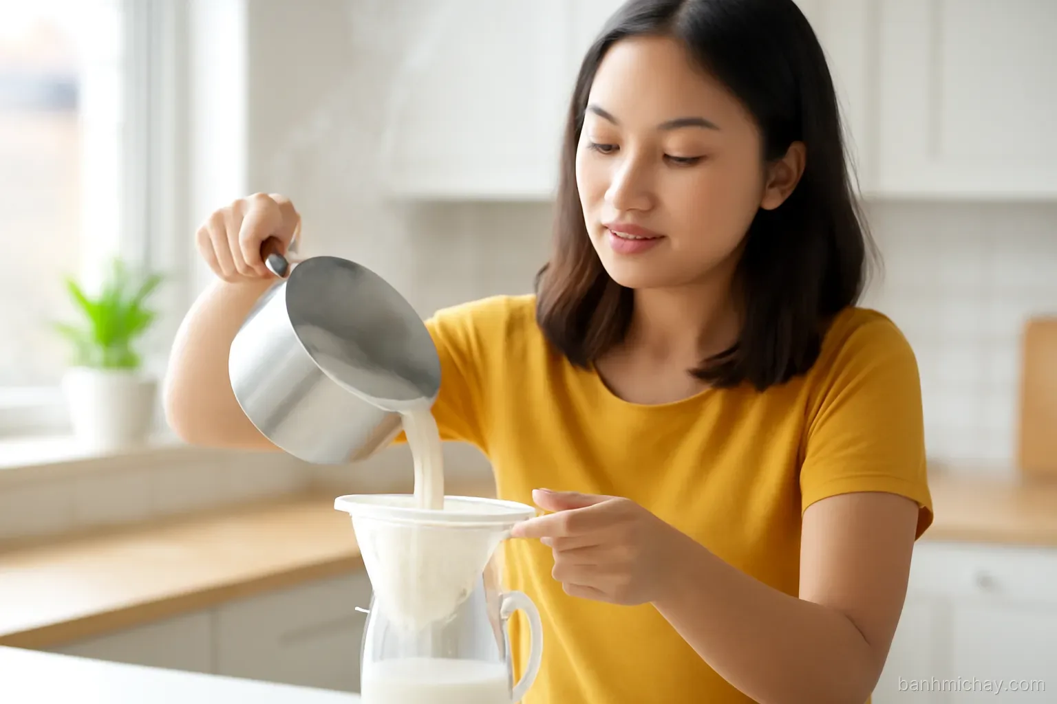 Young Vietnamese woman pouring hot soy milk through a cloth strainer into a glass pitcher, steam rising, bright modern home kitchen, morning window light, close side angle, airy editorial style