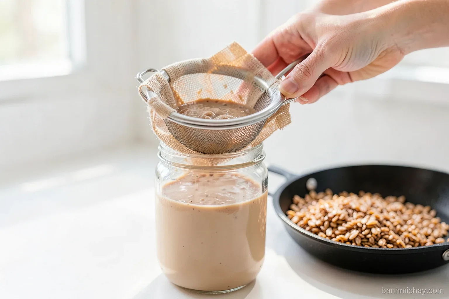 Close-up of hands pouring creamy brown rice milk through a cloth strainer into a glass jar, toasted brown rice in a pan beside, morning kitchen light, side angle