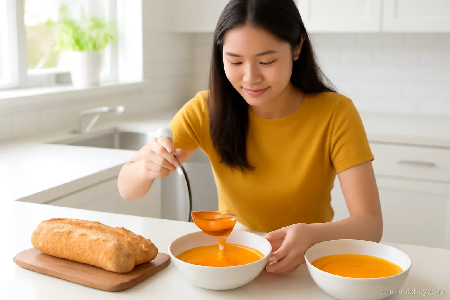 Young Vietnamese woman ladling bright orange pumpkin coconut soup into ceramic bowls beside a crusty airy Vietnamese baguette (bánh mì) split lengthwise, sunny apartment kitchen, overhead shot