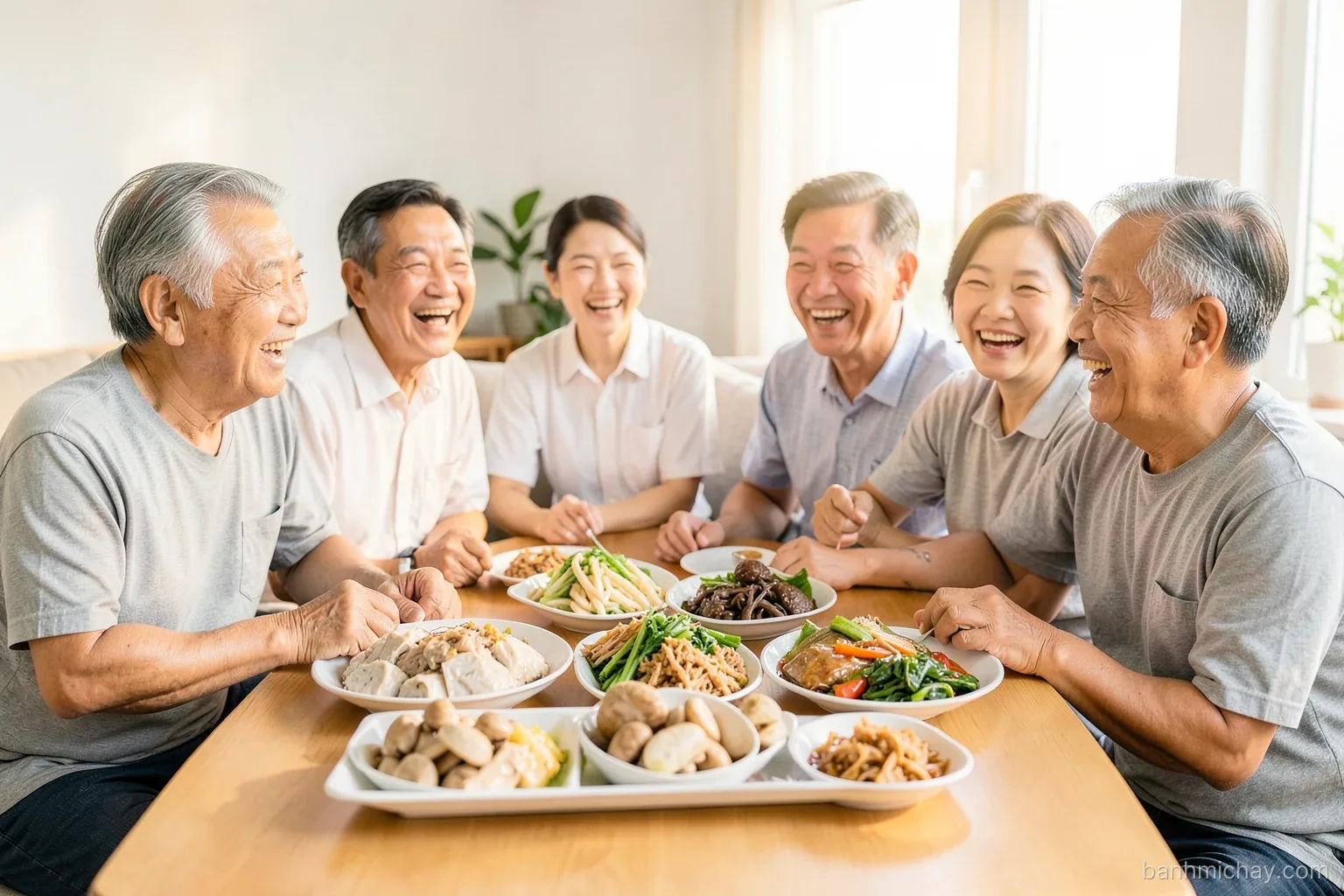 Vietnamese former classmates in their forties laughing in a living room, long table with trays of tofu, mushrooms and pickled vegetables, wide shot, warm evening light