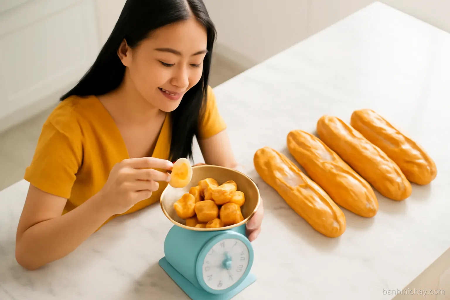 Vietnamese woman weighing fried tofu on a kitchen scale beside a row of Vietnamese baguettes (bánh mì), crusty airy baguettes split lengthwise, marble counter, bright morning light, overhead angle