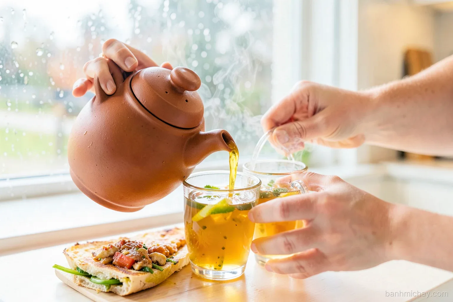 Close-up of hands pouring steaming ginger lemongrass tea from a clay teapot into a glass cup beside a toasted banh mi, rainy window behind, warm kitchen light