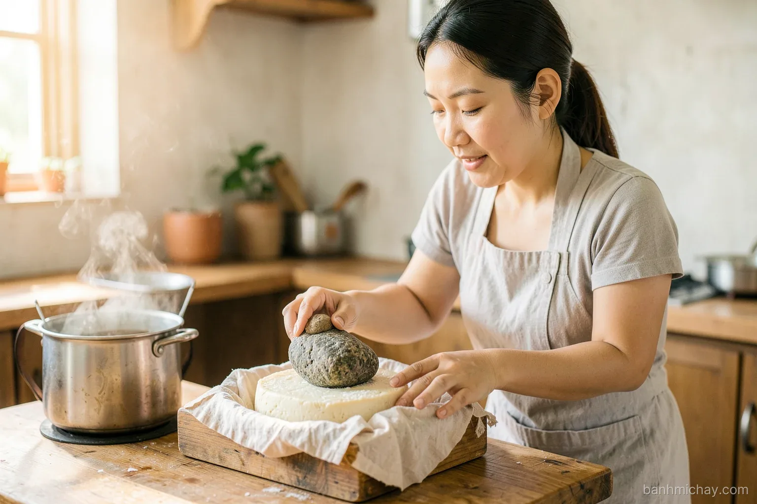 Vietnamese woman pressing fresh homemade tofu in a cloth-lined wooden mold with a heavy stone on top, soy milk pot steaming nearby, rustic home kitchen, warm side light