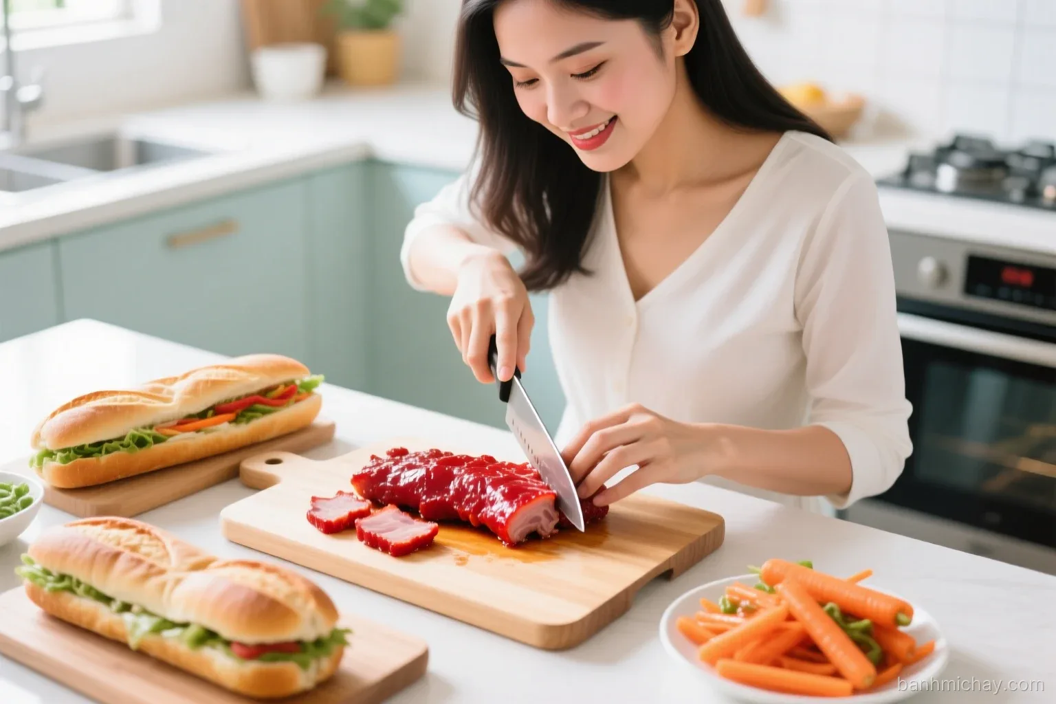 Close-up of a Vietnamese woman slicing glossy red vegetarian char siu made from seitan on a wooden board, banh mi loaves and pickled carrot nearby, bright home kitchen, overhead angle