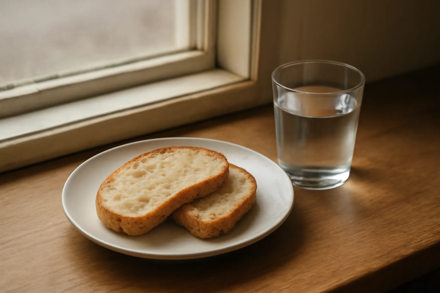 Một đĩa bánh mì và ly nước trên bàn cạnh cửa sổ