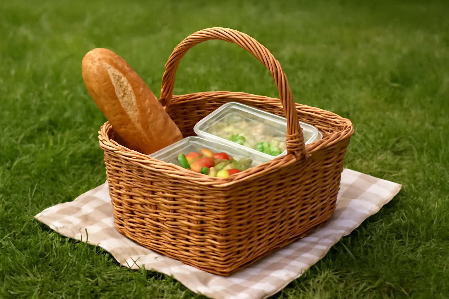 Giỏ picnic với bánh mì và hộp đựng thức ăn trên bãi cỏ
