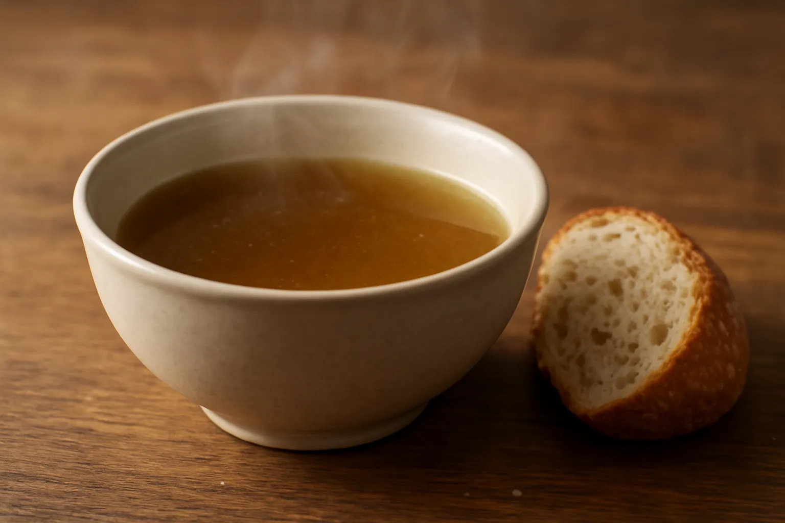 Bát canh bốc hơi đặt cạnh khúc bánh mì trên bàn