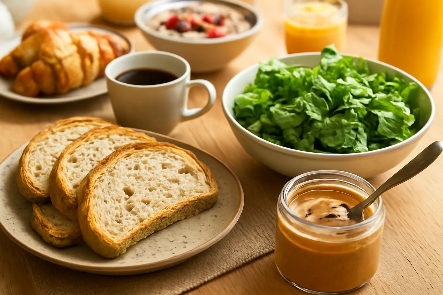 Bàn ăn sáng đông người với bánh mì và nhiều chén nhỏ