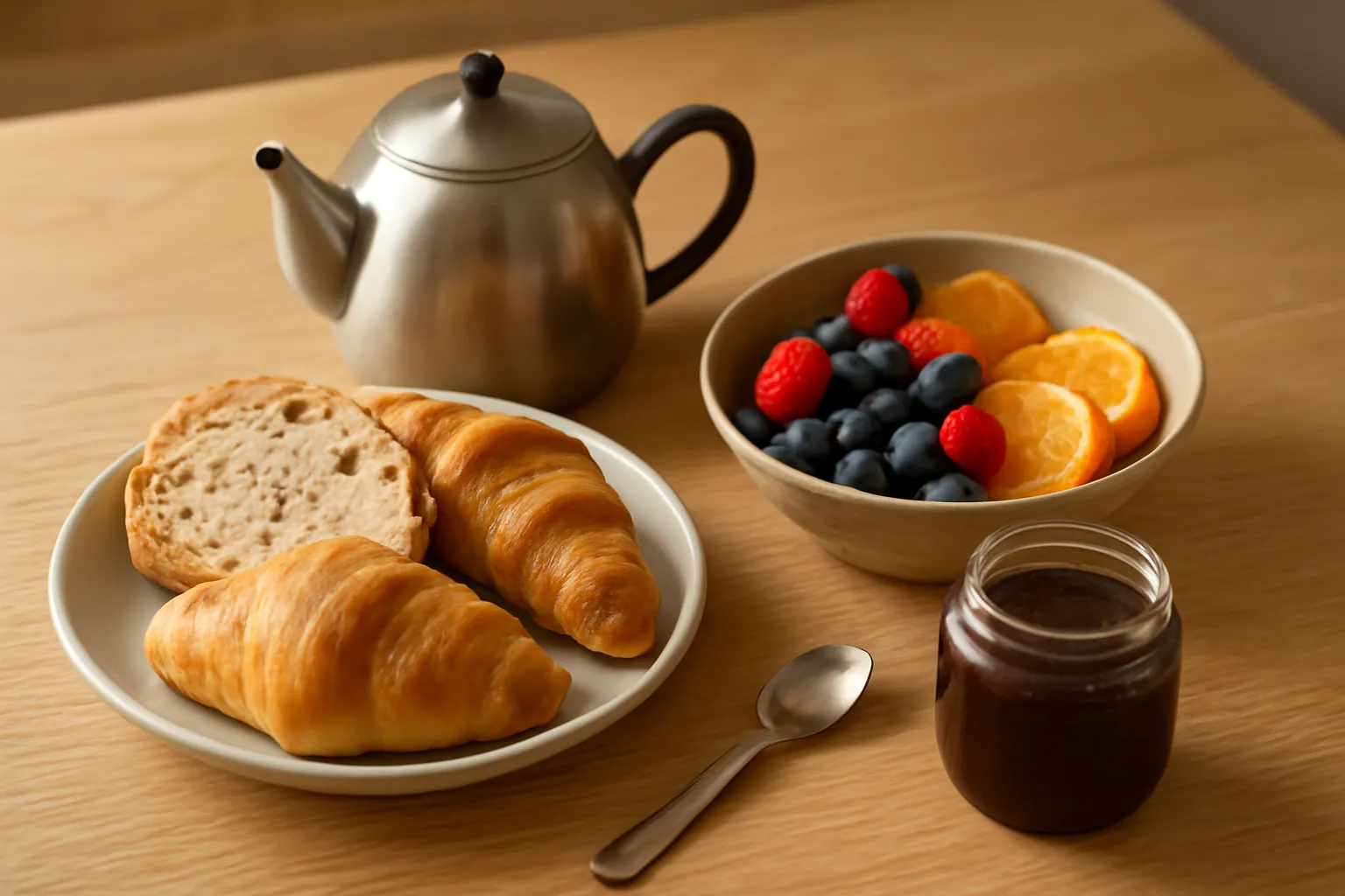 Bàn ăn sáng bày bánh mì, các chén nhỏ và ấm nước