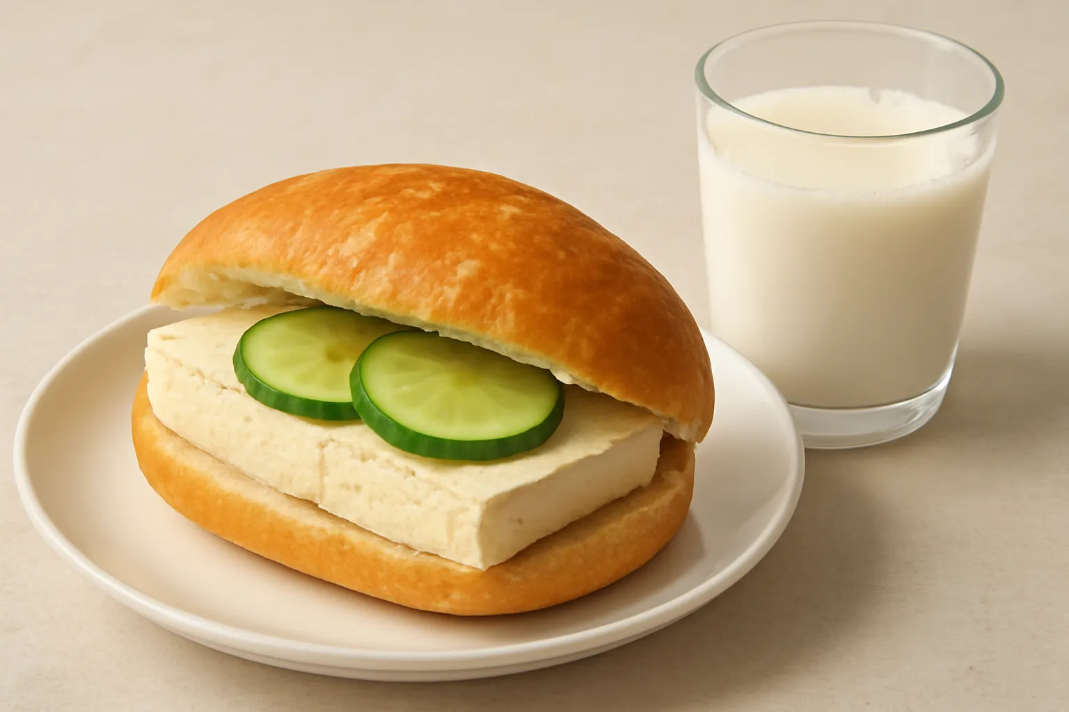 Đĩa bánh mì kẹp và ly sữa hạt trên bàn buổi sáng