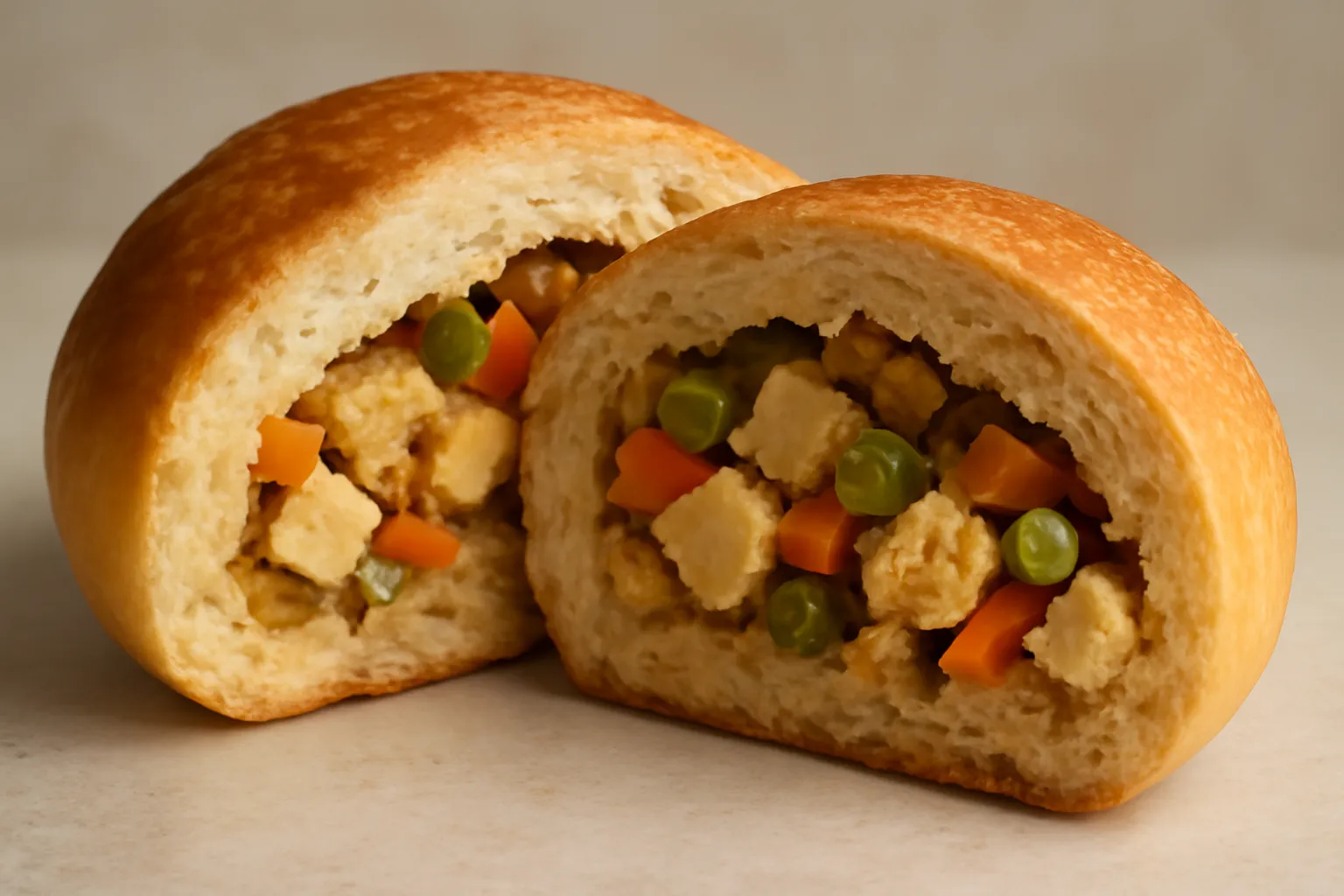 Ổ bánh mì kẹp đầy đậu hũ và rau cắt đôi trên đĩa