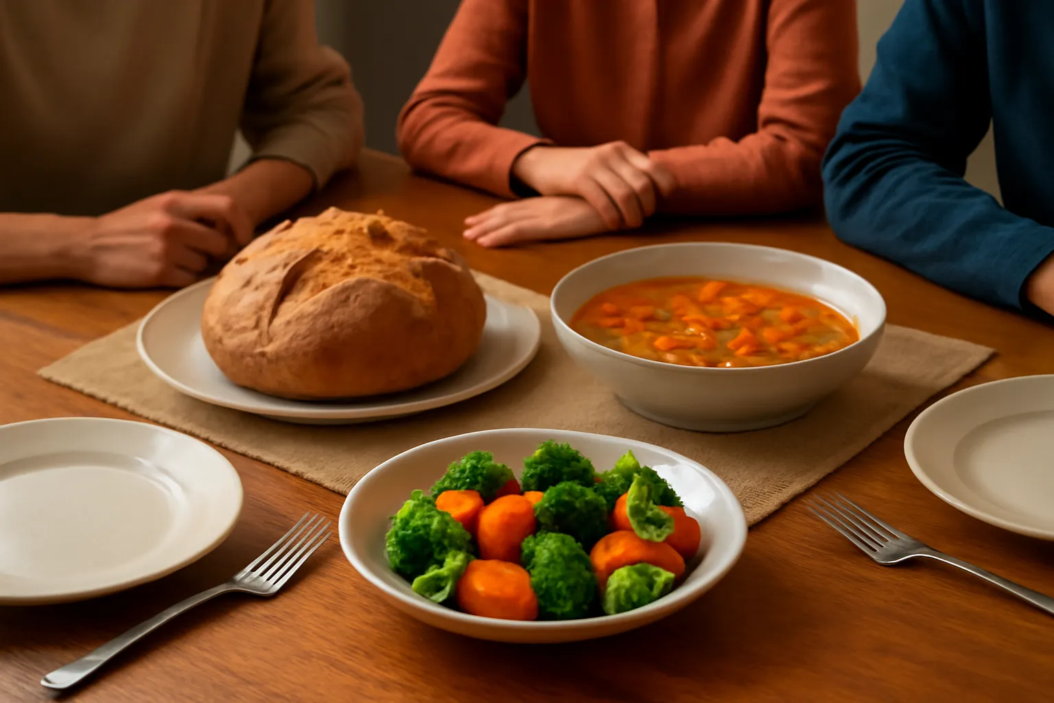 Bàn ăn tối gia đình với bánh mì, canh và đĩa rau
